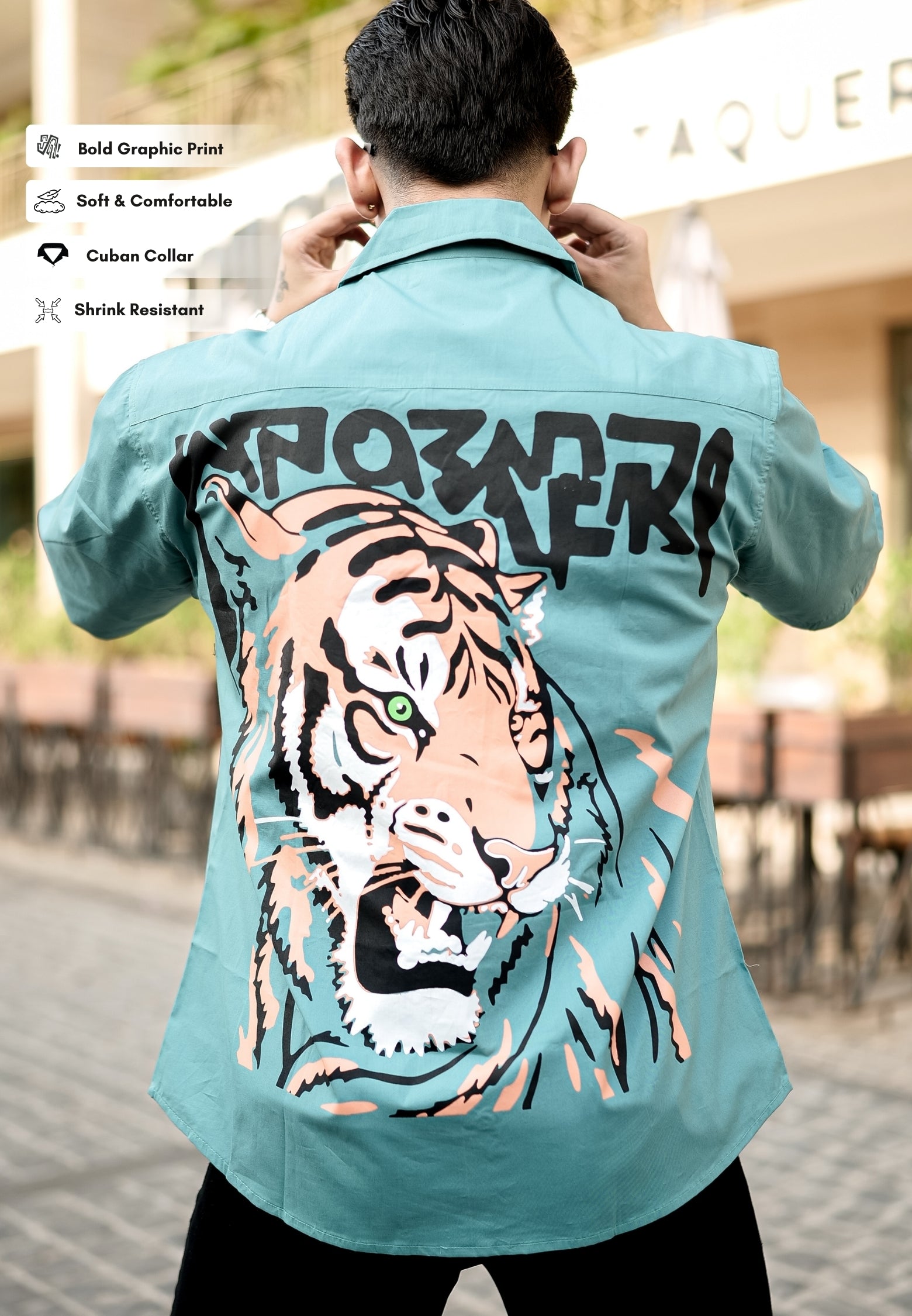 Soft Ciyan  Cuban Collar Shirt with Tiger Back Print