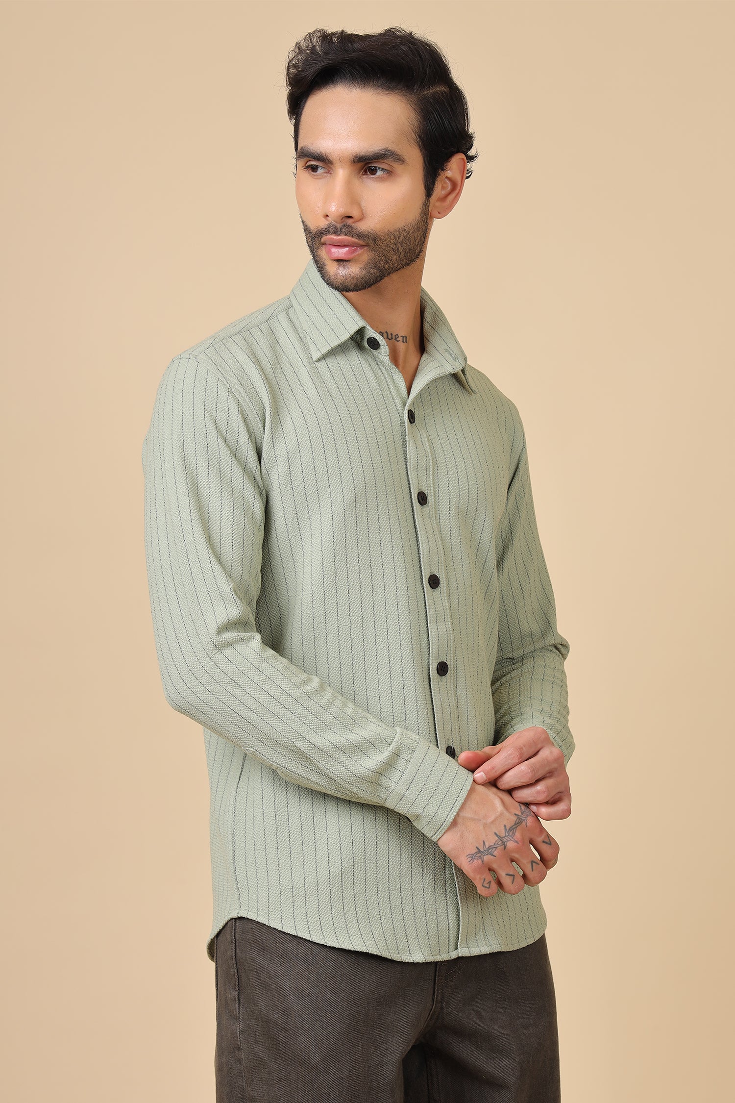 Green Waffle Striped Casual Shirt