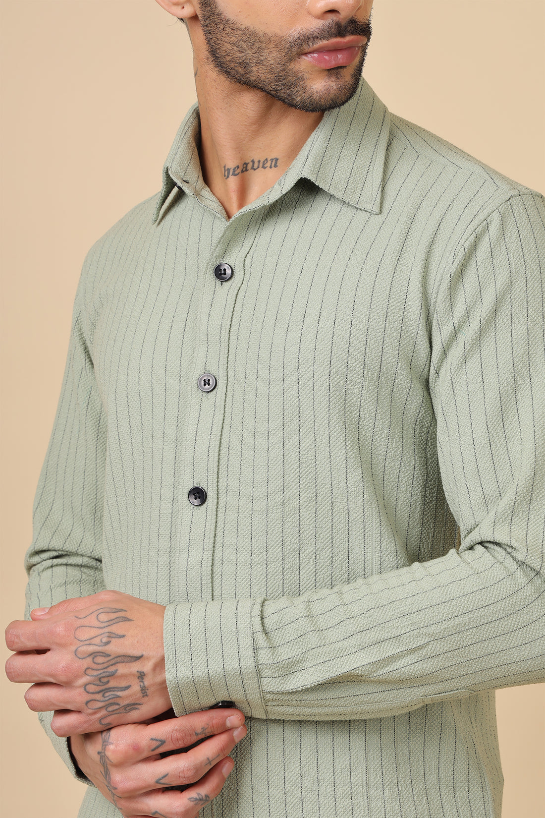 Green Waffle Striped Casual Shirt