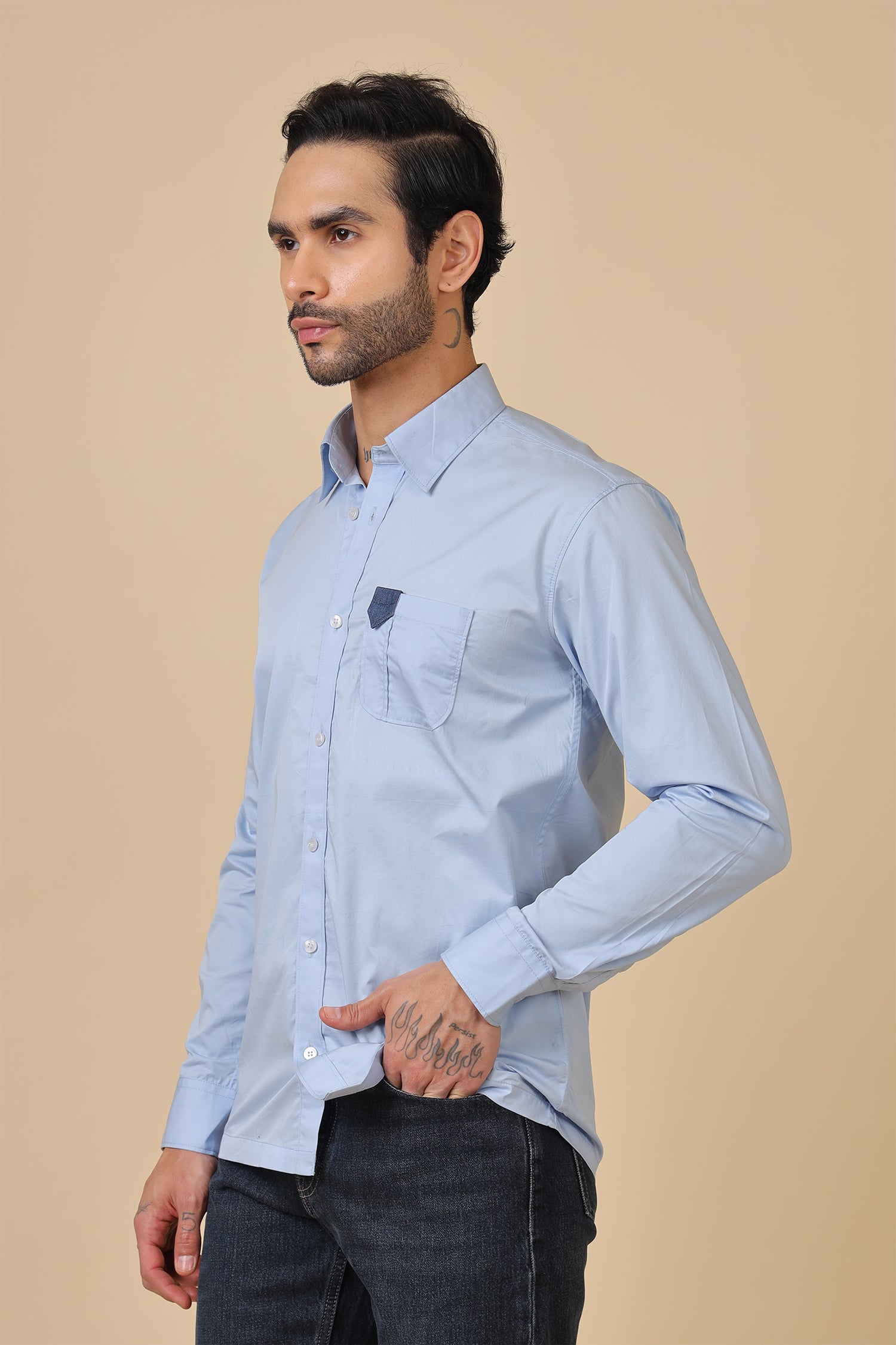Minimal Blue Shirt With Contrast Pocket Detail