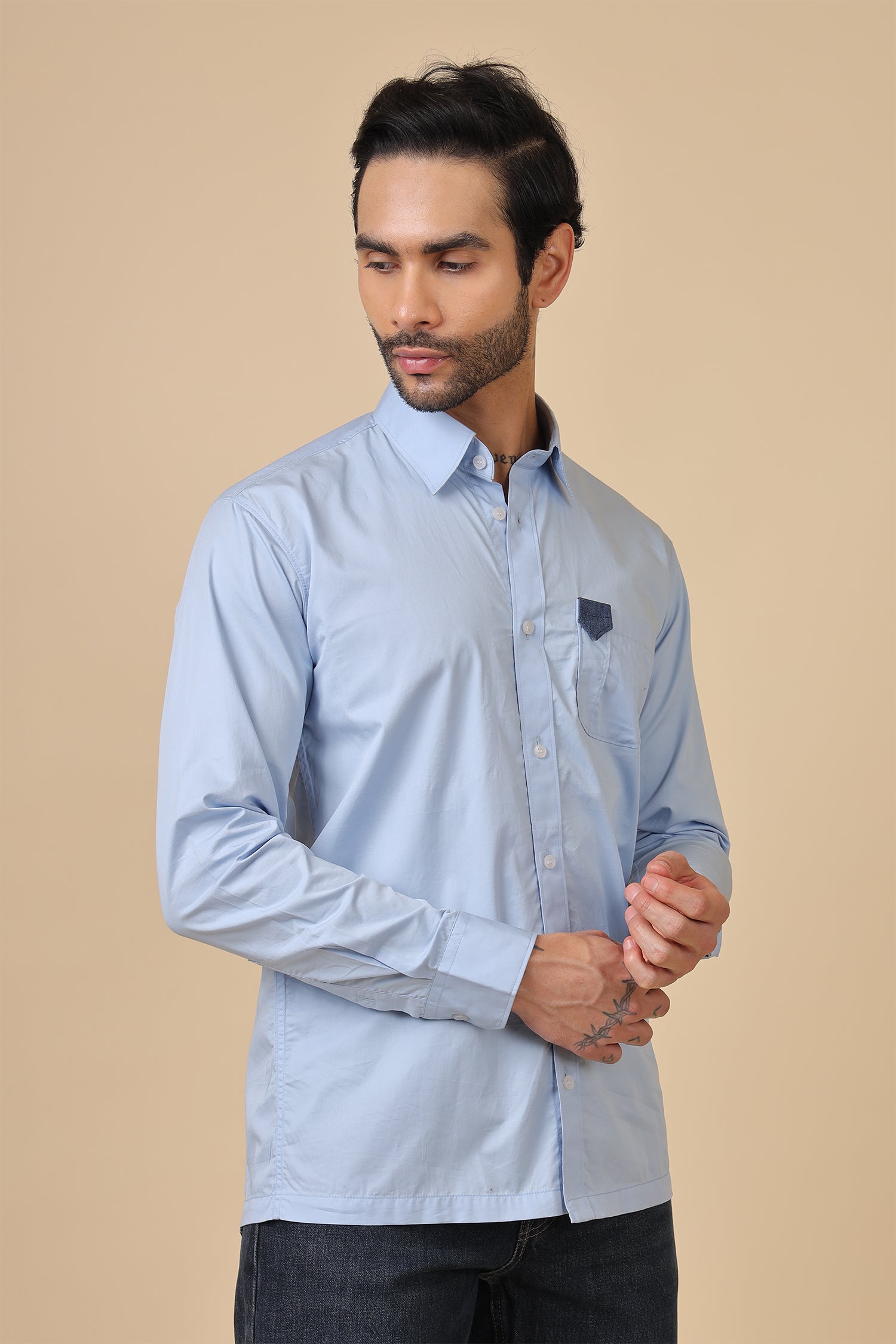 Minimal Blue Shirt With Contrast Pocket Detail