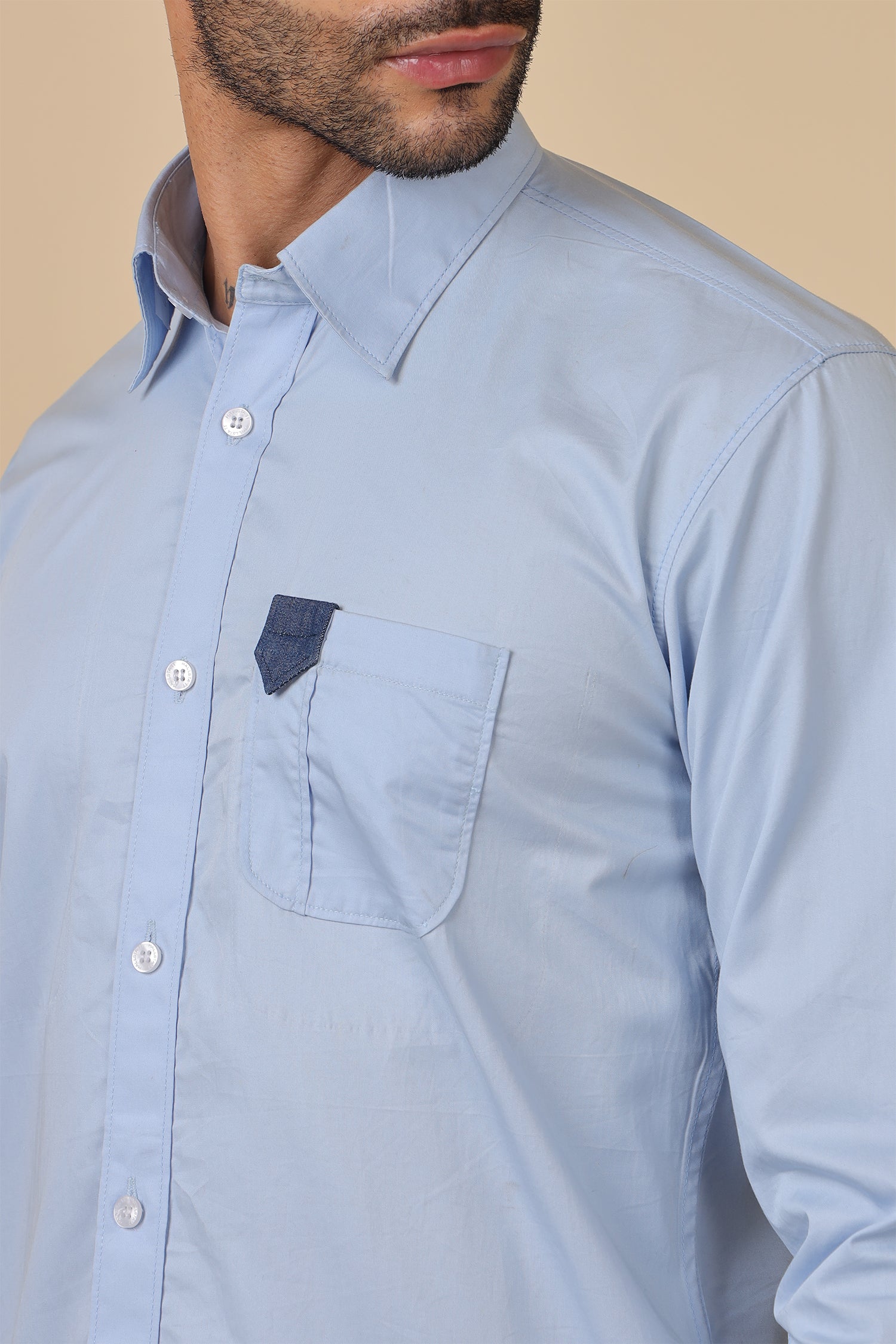Minimal Blue Shirt With Contrast Pocket Detail