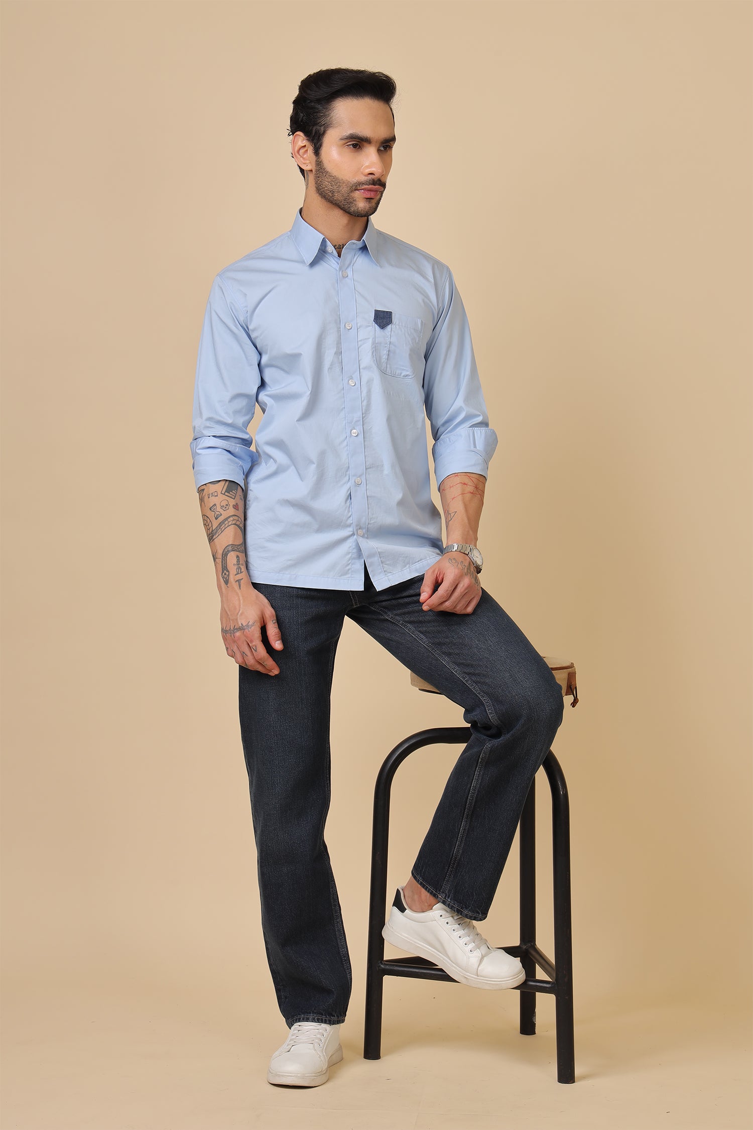 Minimal Blue Shirt With Contrast Pocket Detail