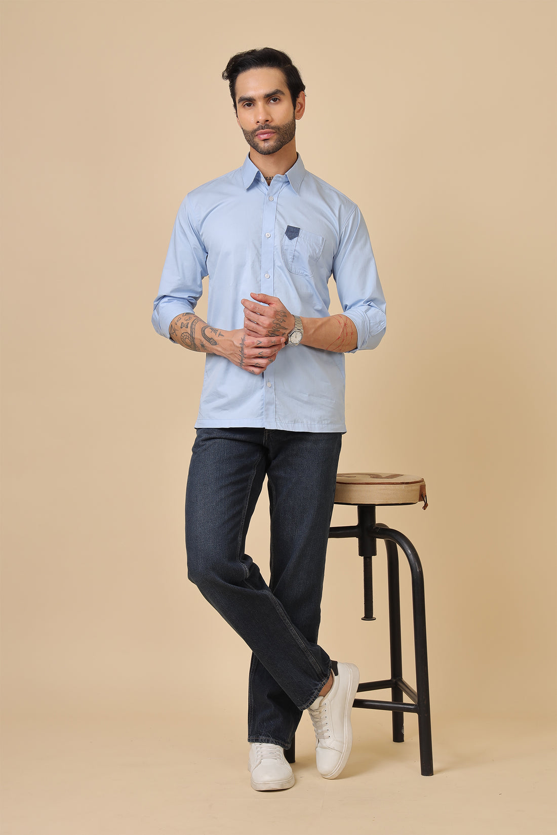 Minimal Blue Shirt With Contrast Pocket Detail