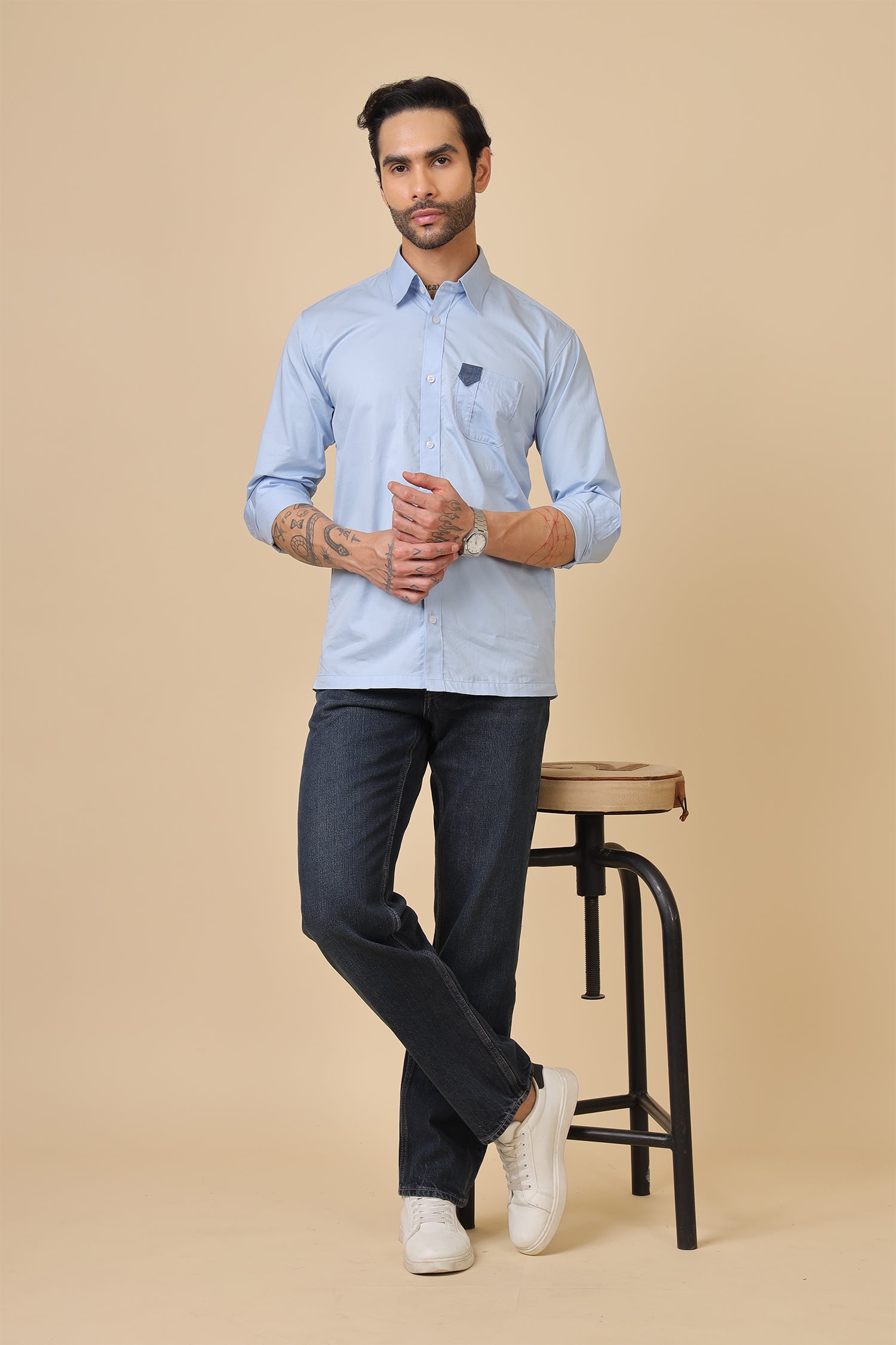 Minimal Blue Shirt With Contrast Pocket Detail