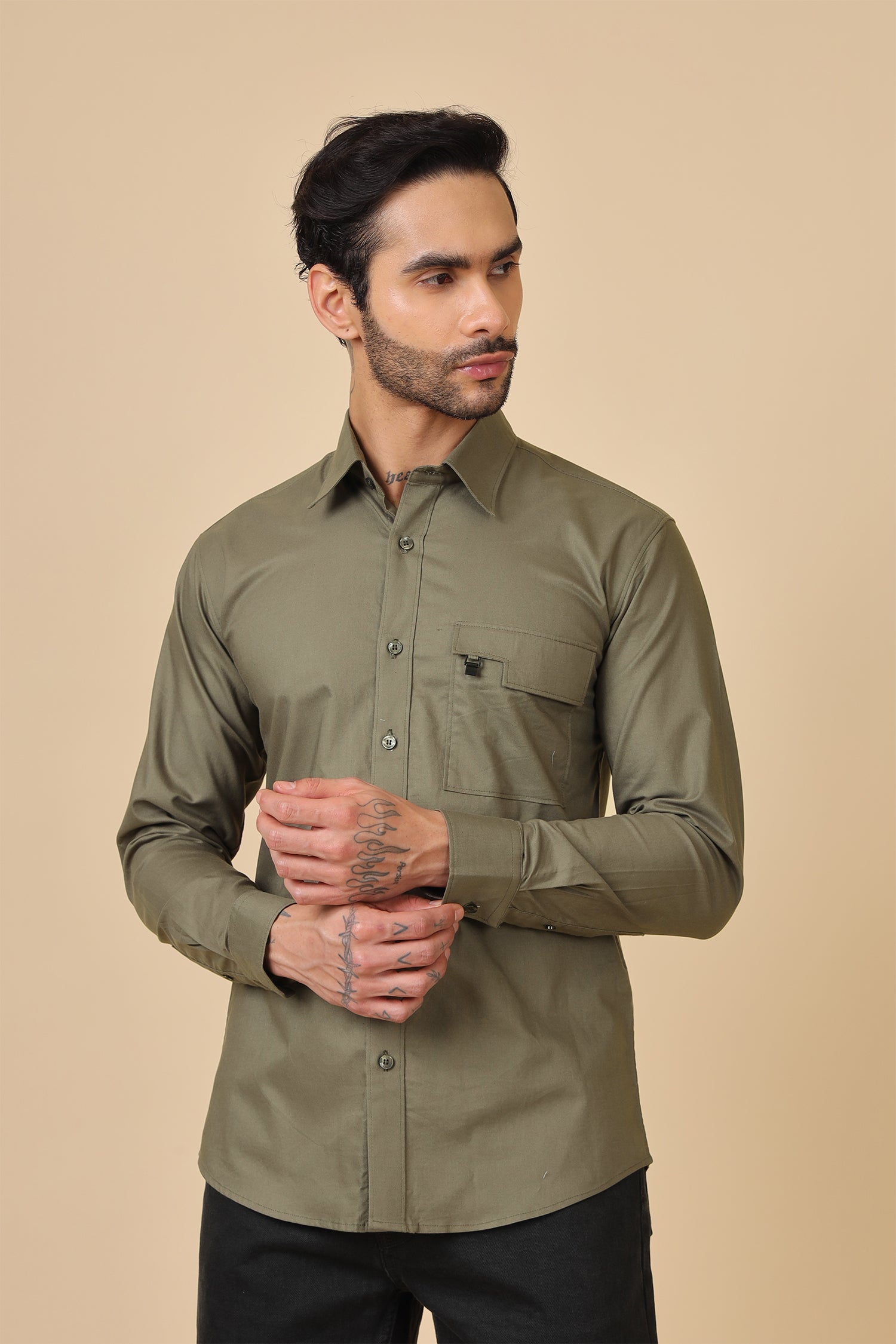 Solid Olive Classic Shirt With Utility Pocket