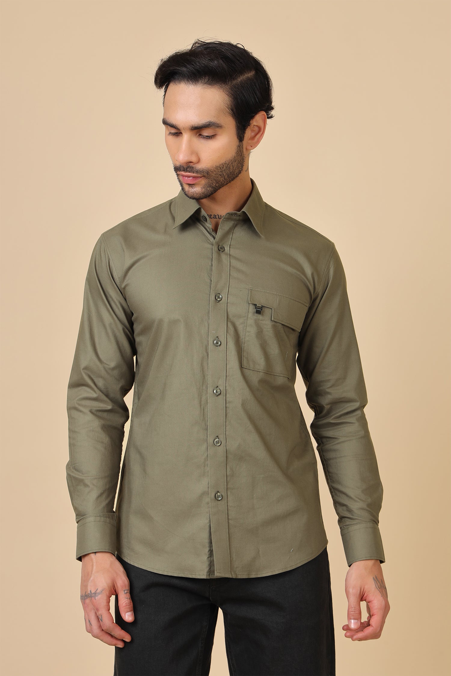 Solid Olive Classic Shirt With Utility Pocket
