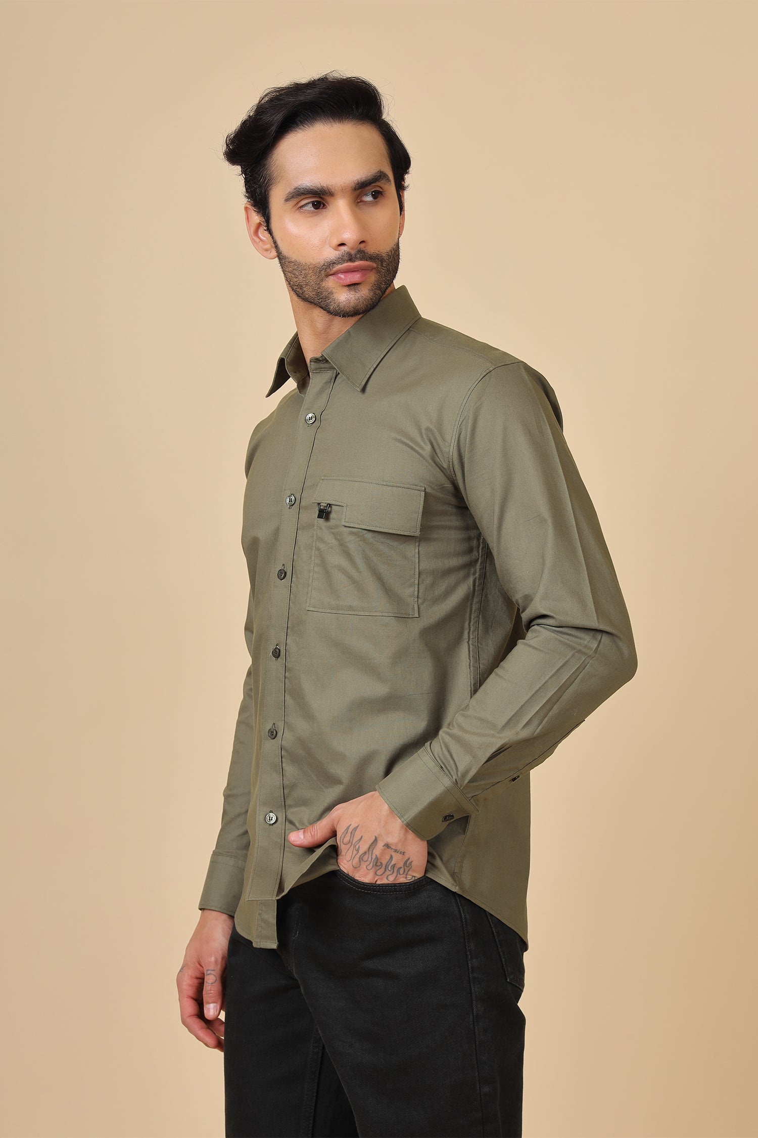 Solid Olive Classic Shirt With Utility Pocket