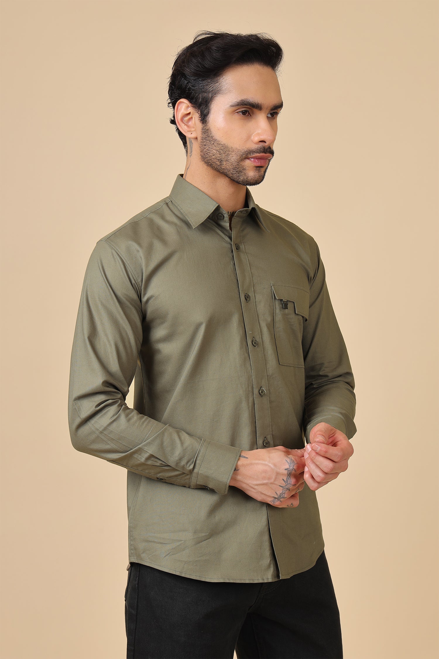 Solid Olive Classic Shirt With Utility Pocket