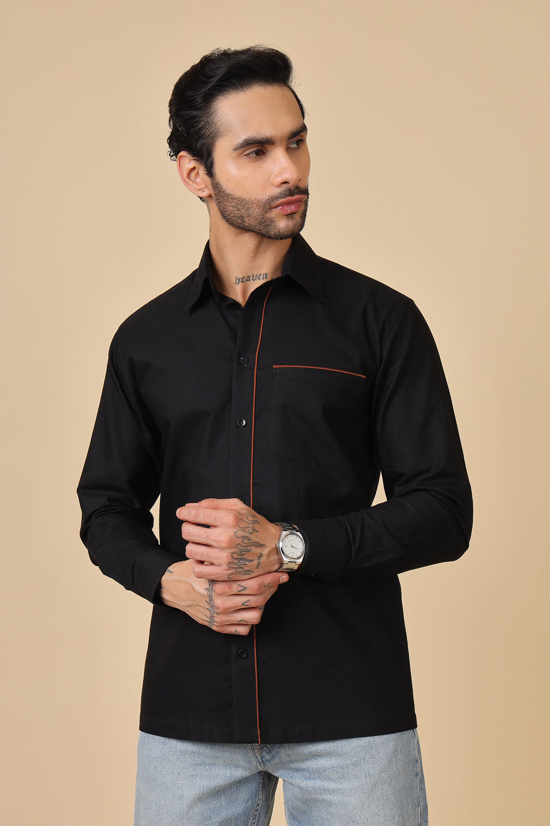 Contrast Piping Detail Solid Black Shirt