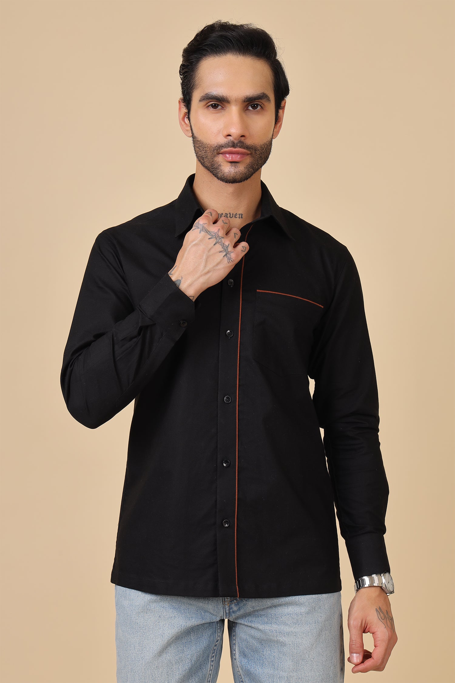 Contrast Piping Detail Solid Black Shirt