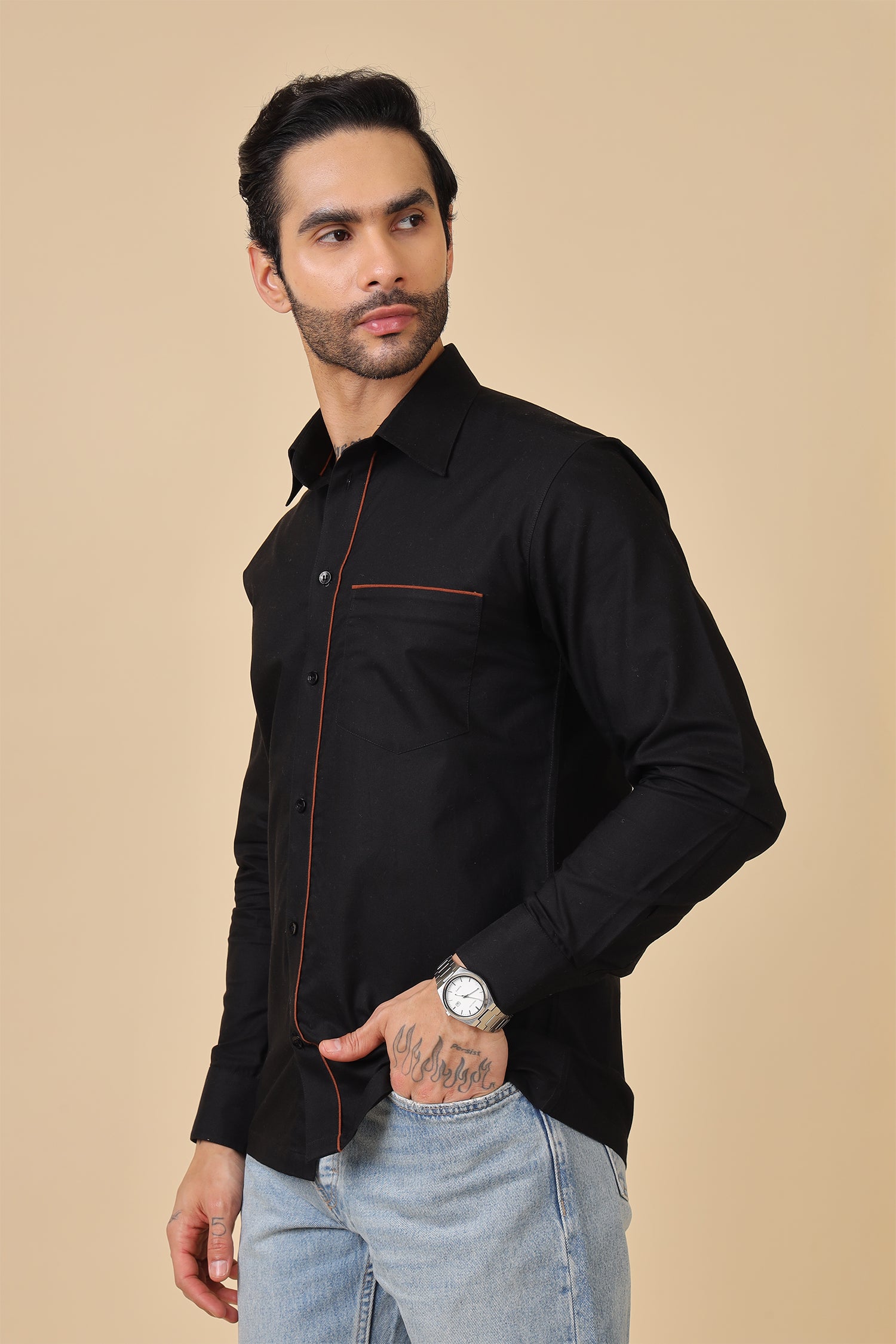 Contrast Piping Detail Solid Black Shirt