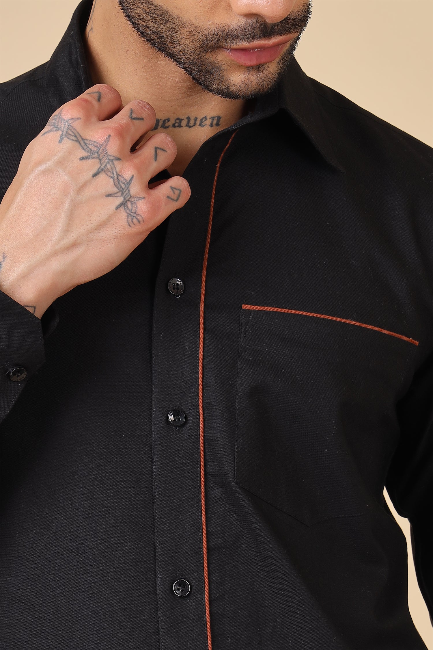 Contrast Piping Detail Solid Black Shirt