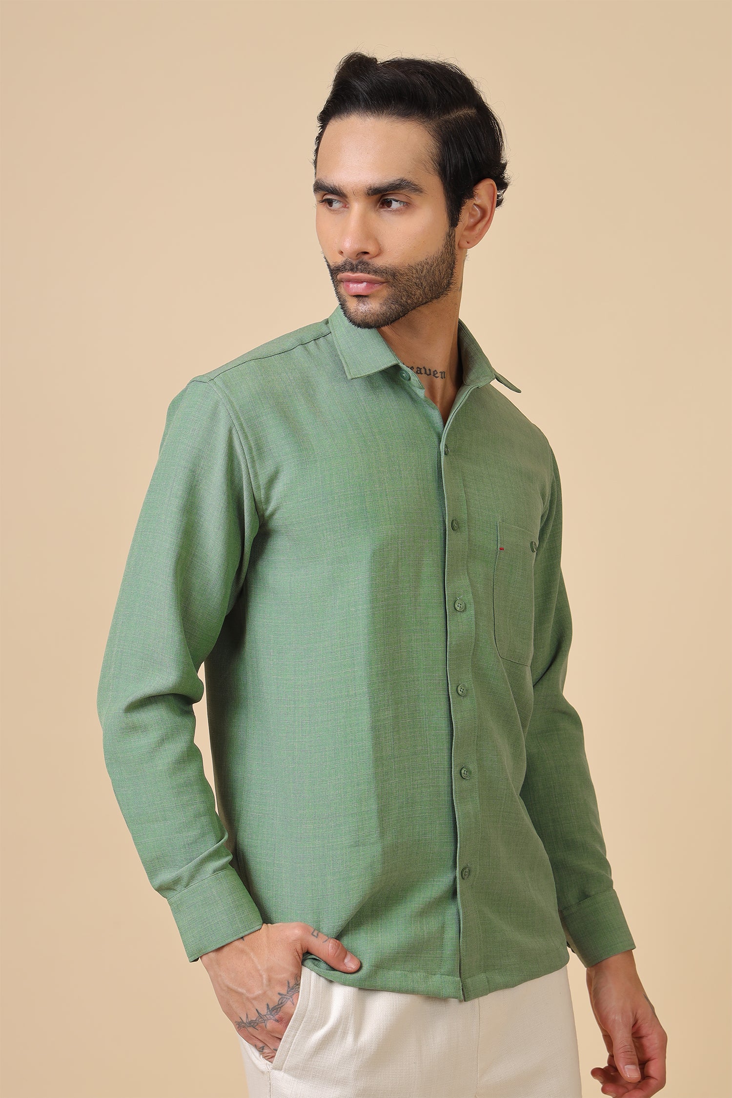 Minimal Textured Green Full-Sleeve Shirt