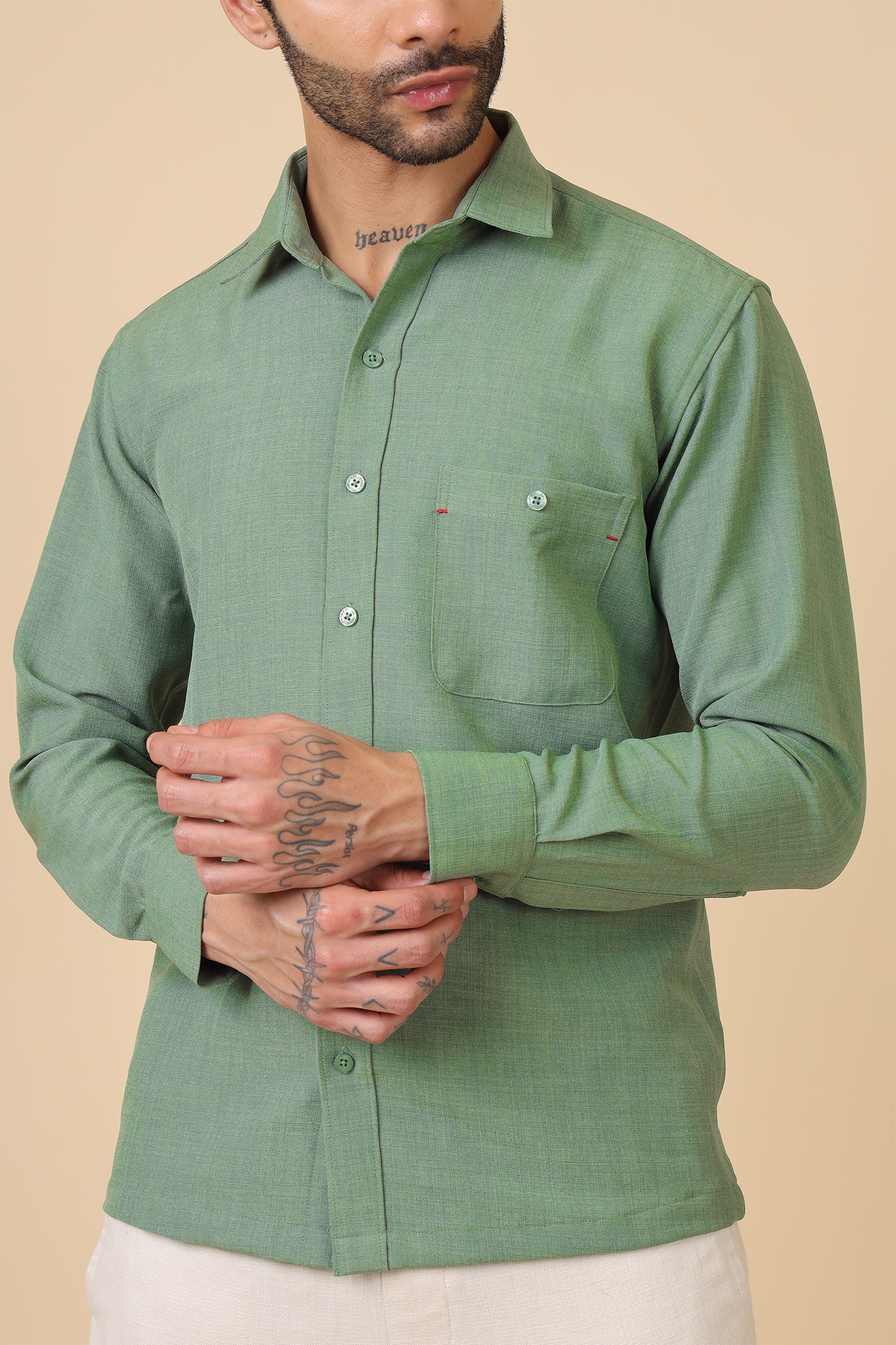 Minimal Textured Green Full-Sleeve Shirt