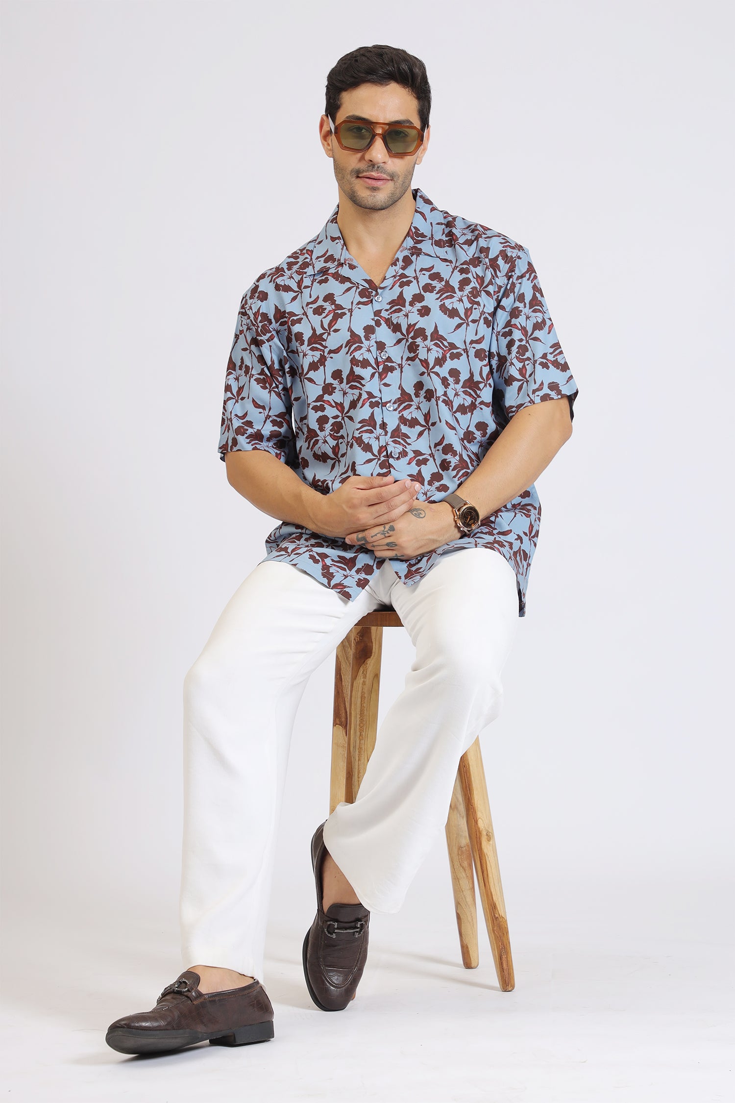 LIGHT BLUE  FLOWER PRINTED RAYON SHIRT