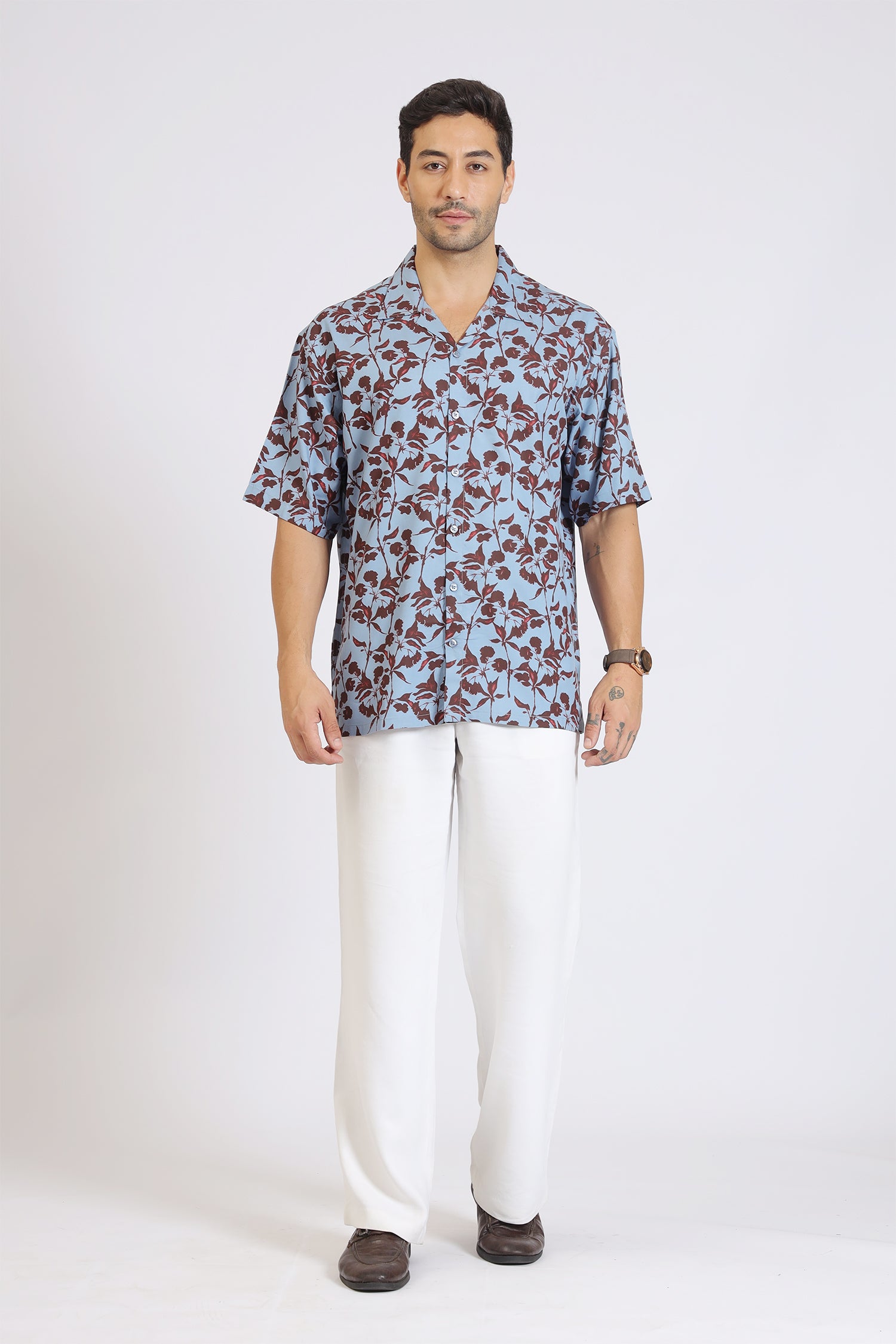 LIGHT BLUE  FLOWER PRINTED RAYON SHIRT