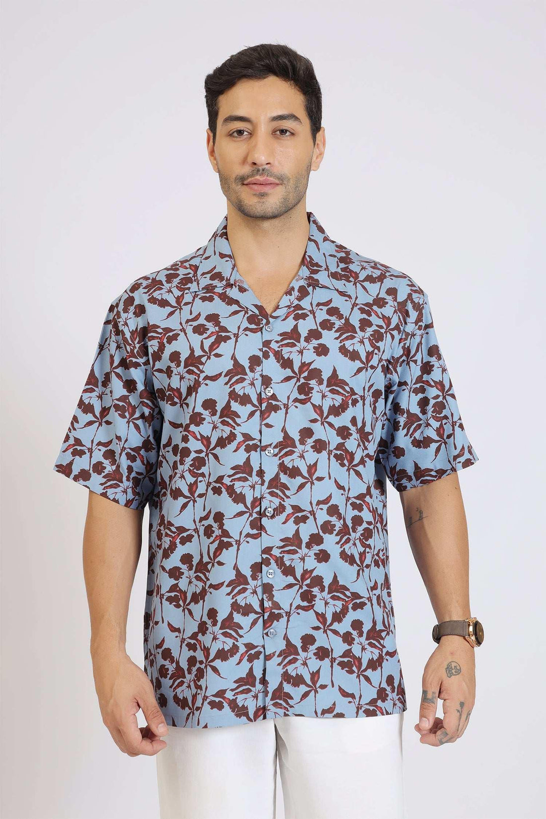 LIGHT BLUE FLOWER PRINTED RAYON SHIRT