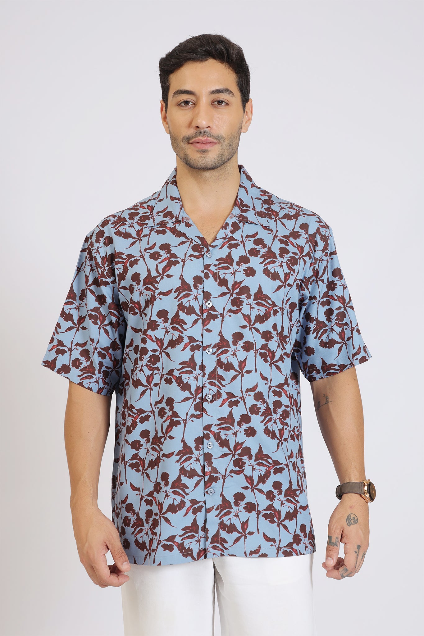 LIGHT BLUE  FLOWER PRINTED RAYON SHIRT