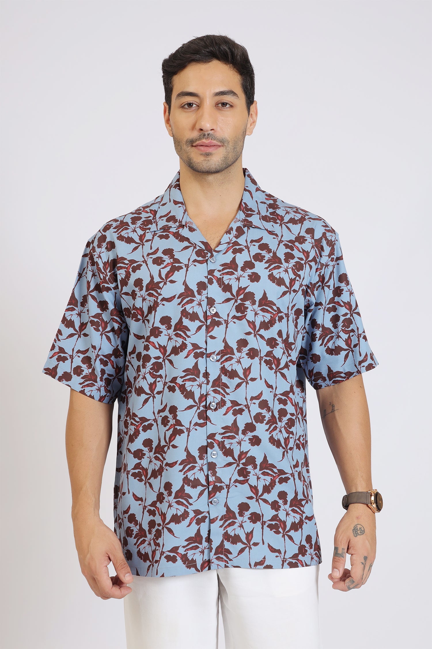 LIGHT BLUE  FLOWER PRINTED RAYON SHIRT