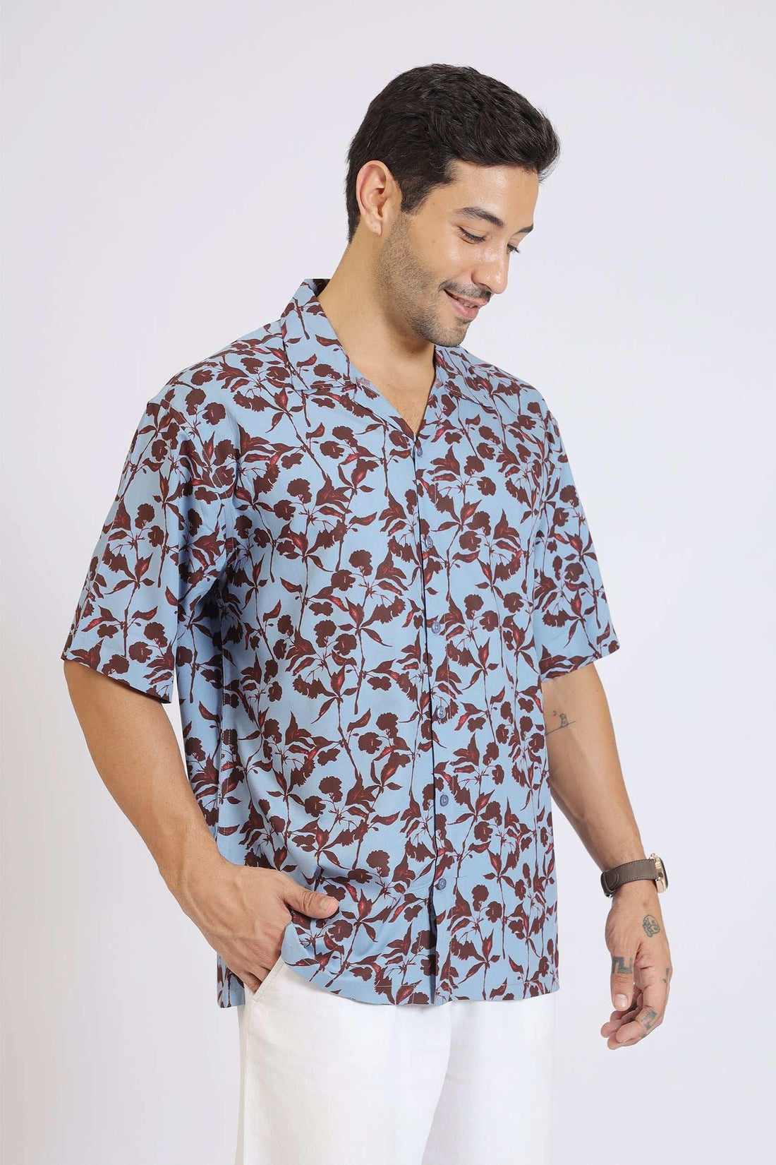 LIGHT BLUE FLOWER PRINTED RAYON SHIRT