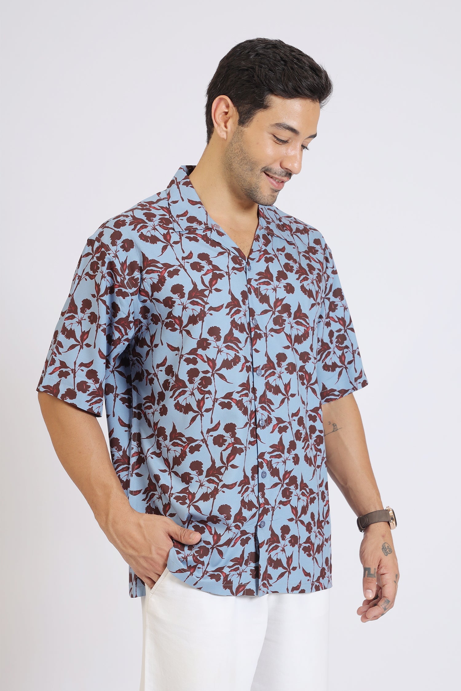 LIGHT BLUE  FLOWER PRINTED RAYON SHIRT