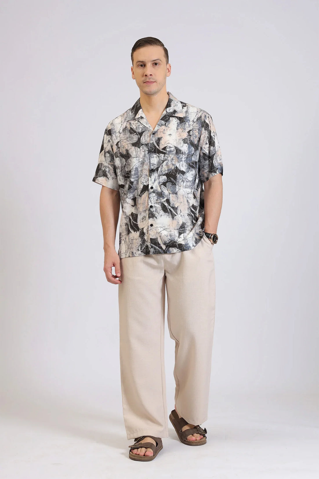 BEIGE&BLACK RAYON PRINT SHIRT