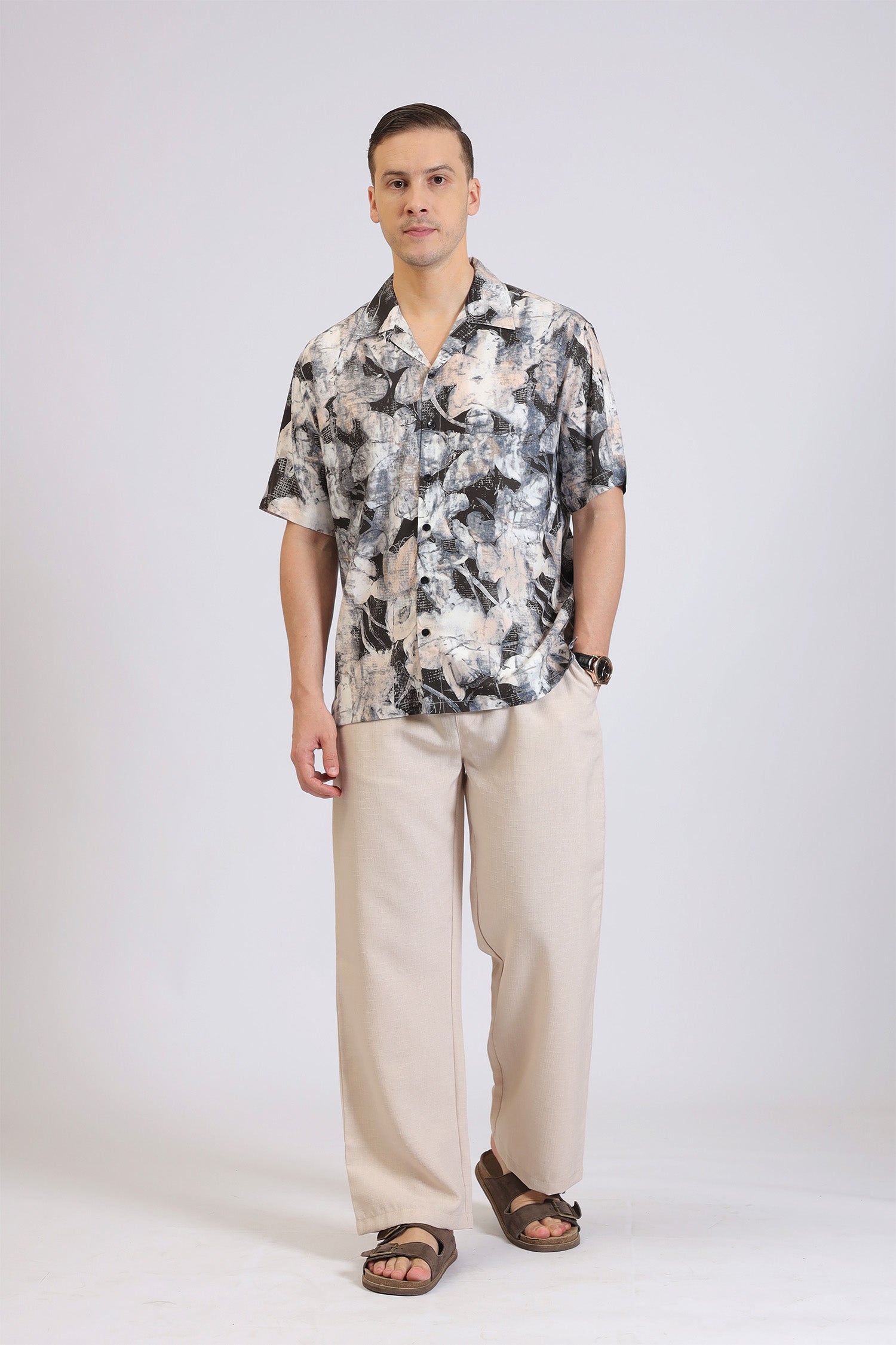 BEIGE&BLACK RAYON PRINT SHIRT