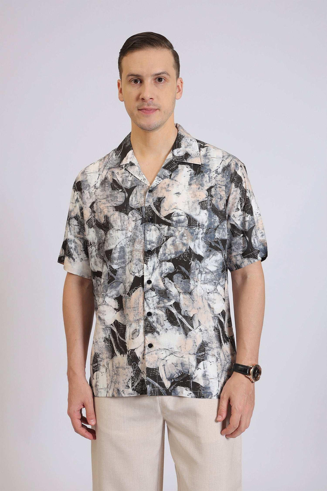 BEIGE&BLACK RAYON PRINT SHIRT