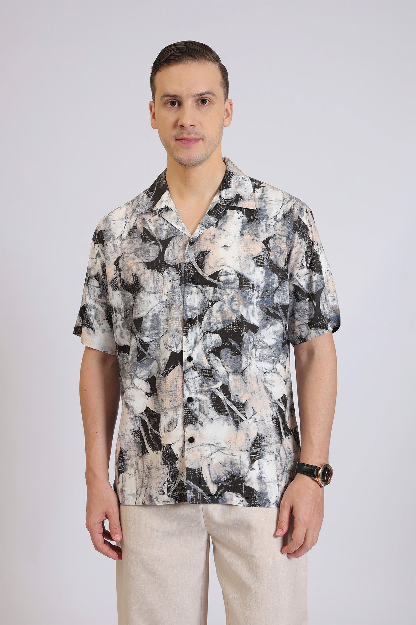 BEIGE&BLACK RAYON PRINT SHIRT