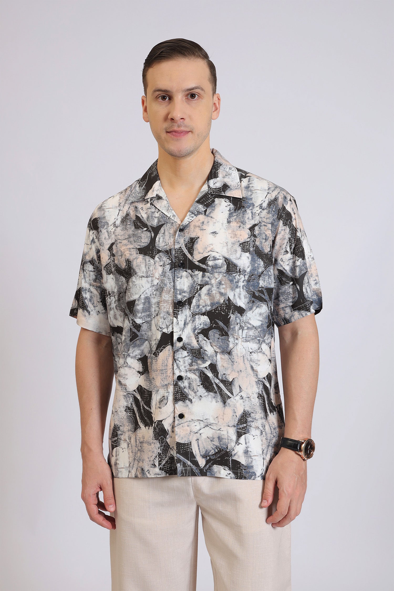 BEIGE&BLACK RAYON PRINT SHIRT
