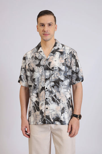 BEIGE&BLACK RAYON PRINT SHIRT