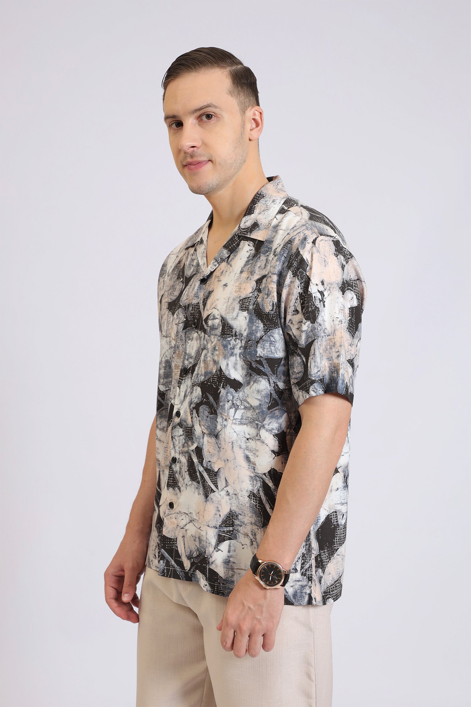 BEIGE&BLACK RAYON PRINT SHIRT