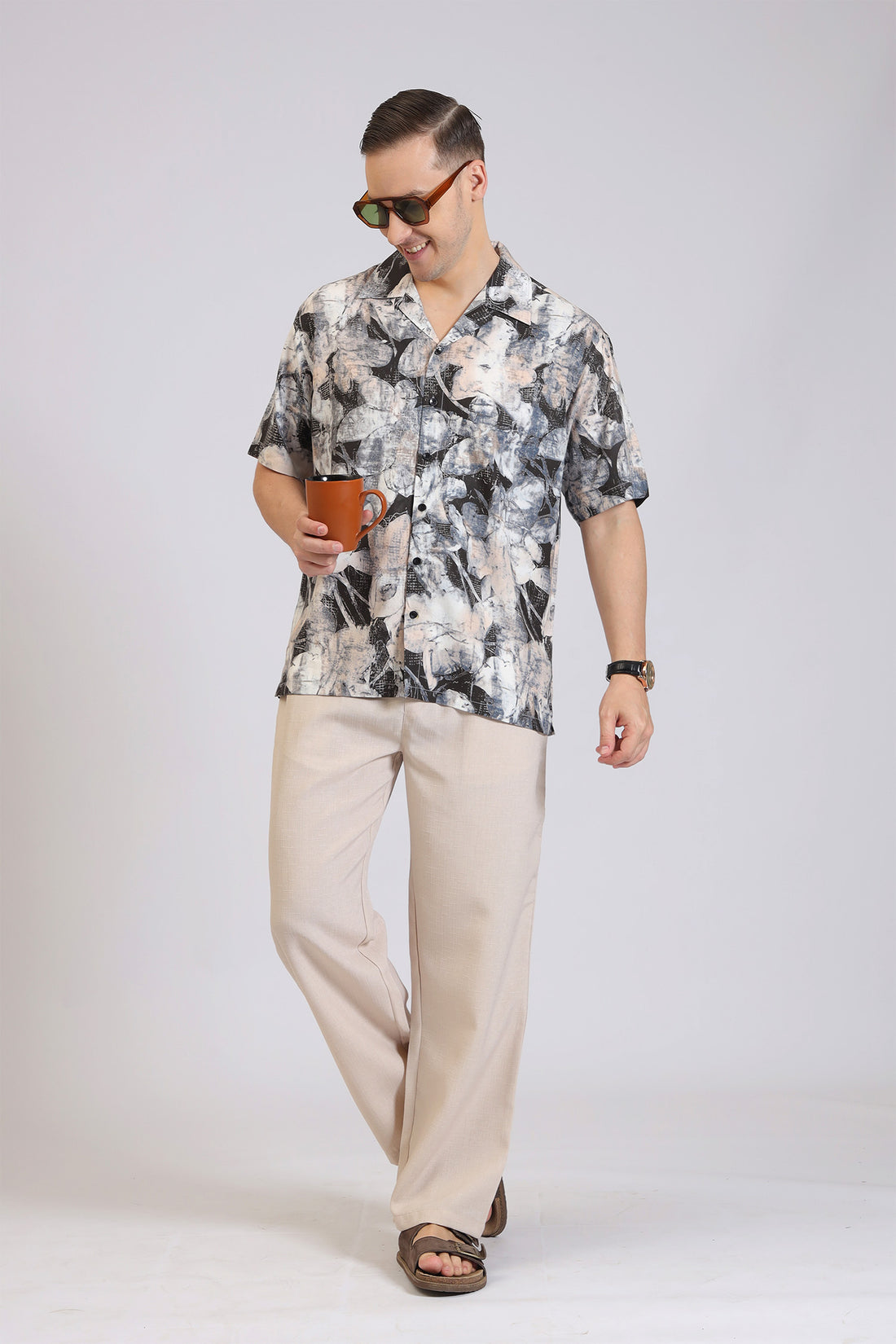 BEIGE&BLACK RAYON PRINT SHIRT