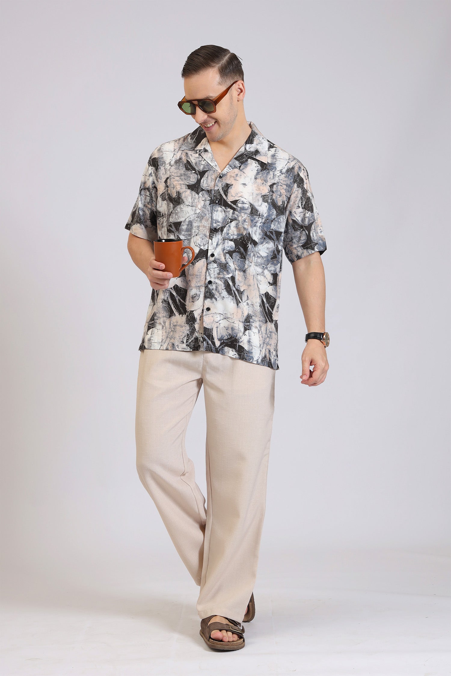 BEIGE&BLACK RAYON PRINT SHIRT