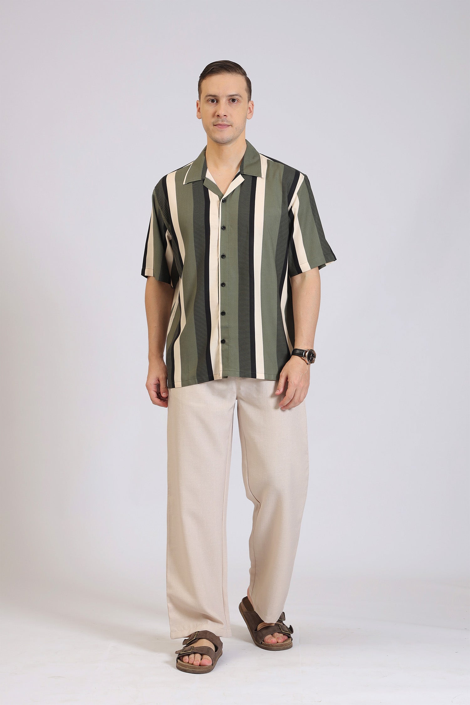 Men’s Vertical Stripe Shirt – Casual Olive Green & Black Printed Button-Down