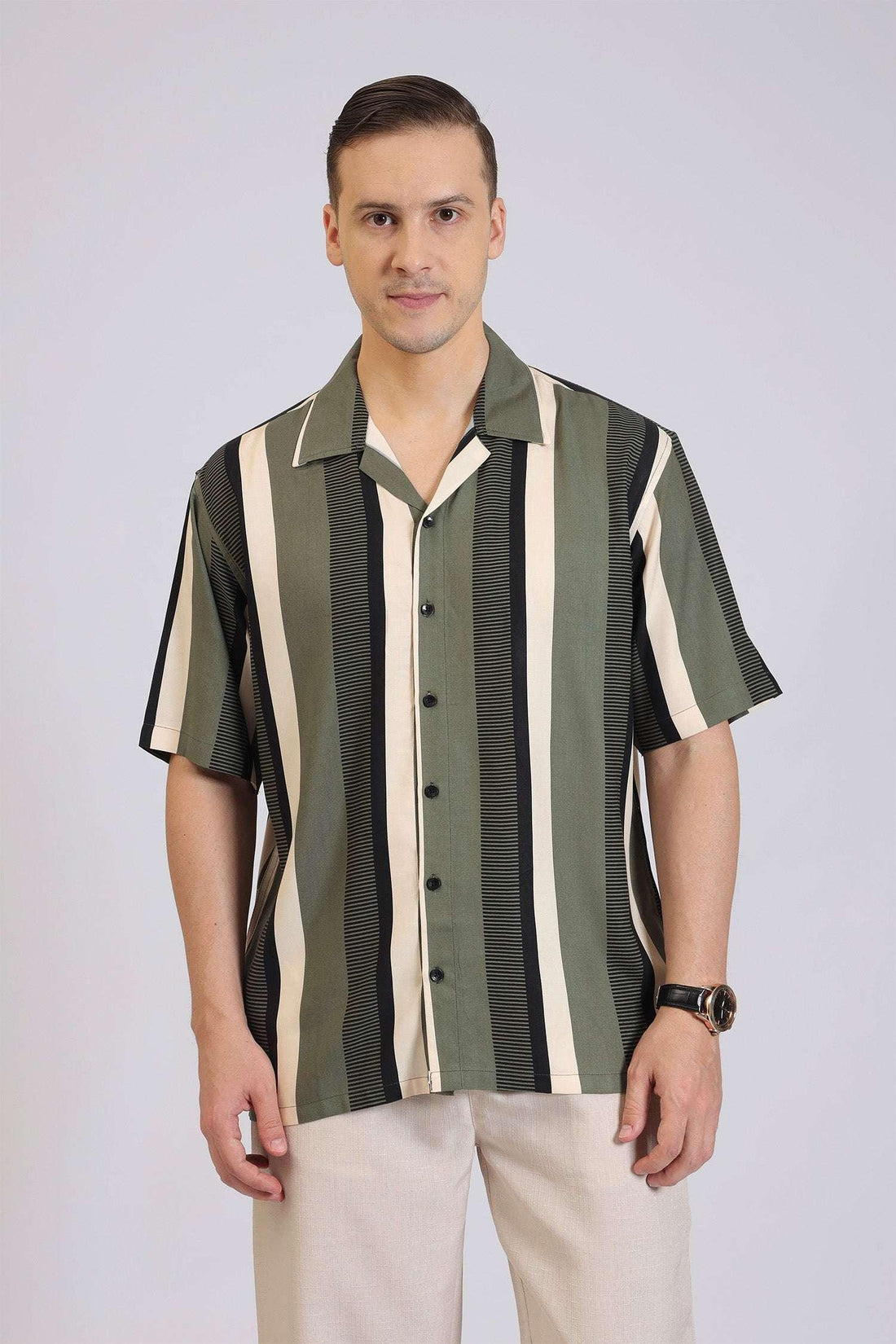 Men’s Vertical Stripe Shirt Casual Olive Green & Black Printed Button-Down