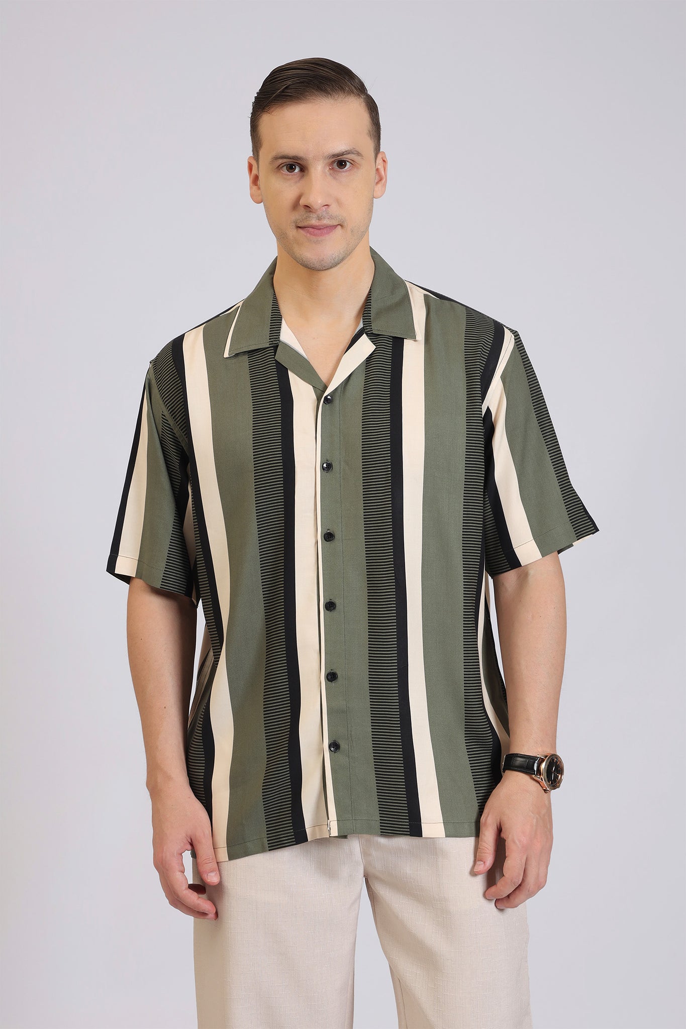 Men’s Vertical Stripe Shirt – Casual Olive Green & Black Printed Button-Down