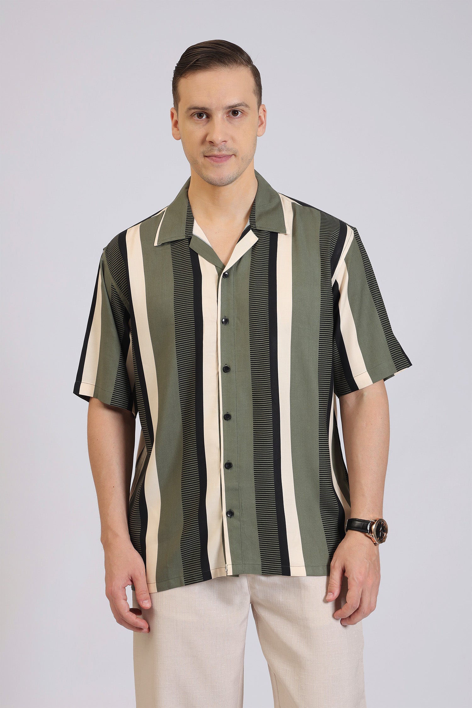 Men’s Vertical Stripe Shirt – Casual Olive Green & Black Printed Button-Down