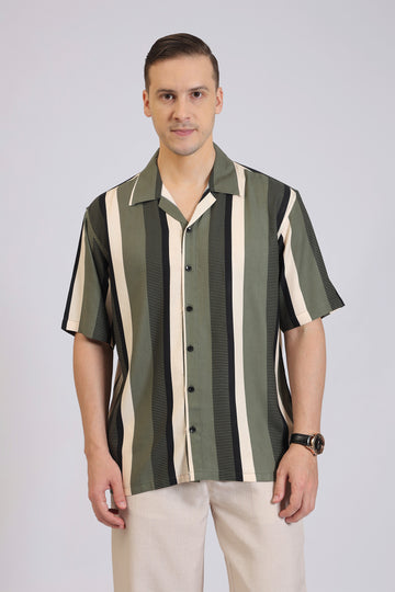 Men’s Vertical Stripe Shirt – Casual Olive Green & Black Printed Button-Down