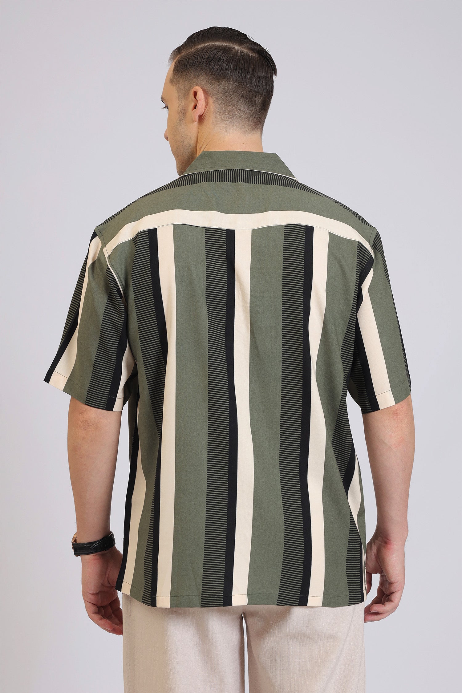 Men’s Vertical Stripe Shirt – Casual Olive Green & Black Printed Button-Down