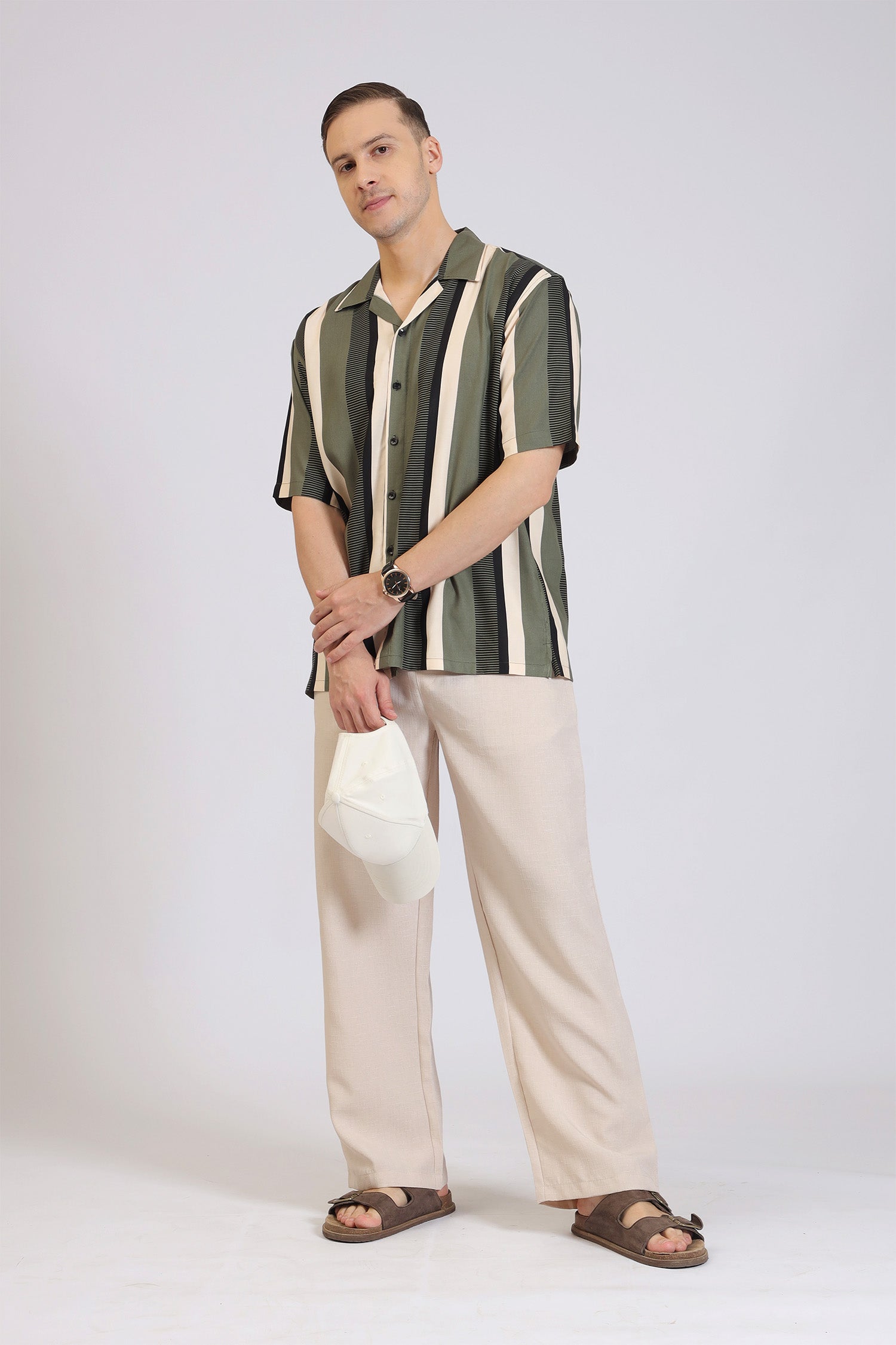 Men’s Vertical Stripe Shirt – Casual Olive Green & Black Printed Button-Down