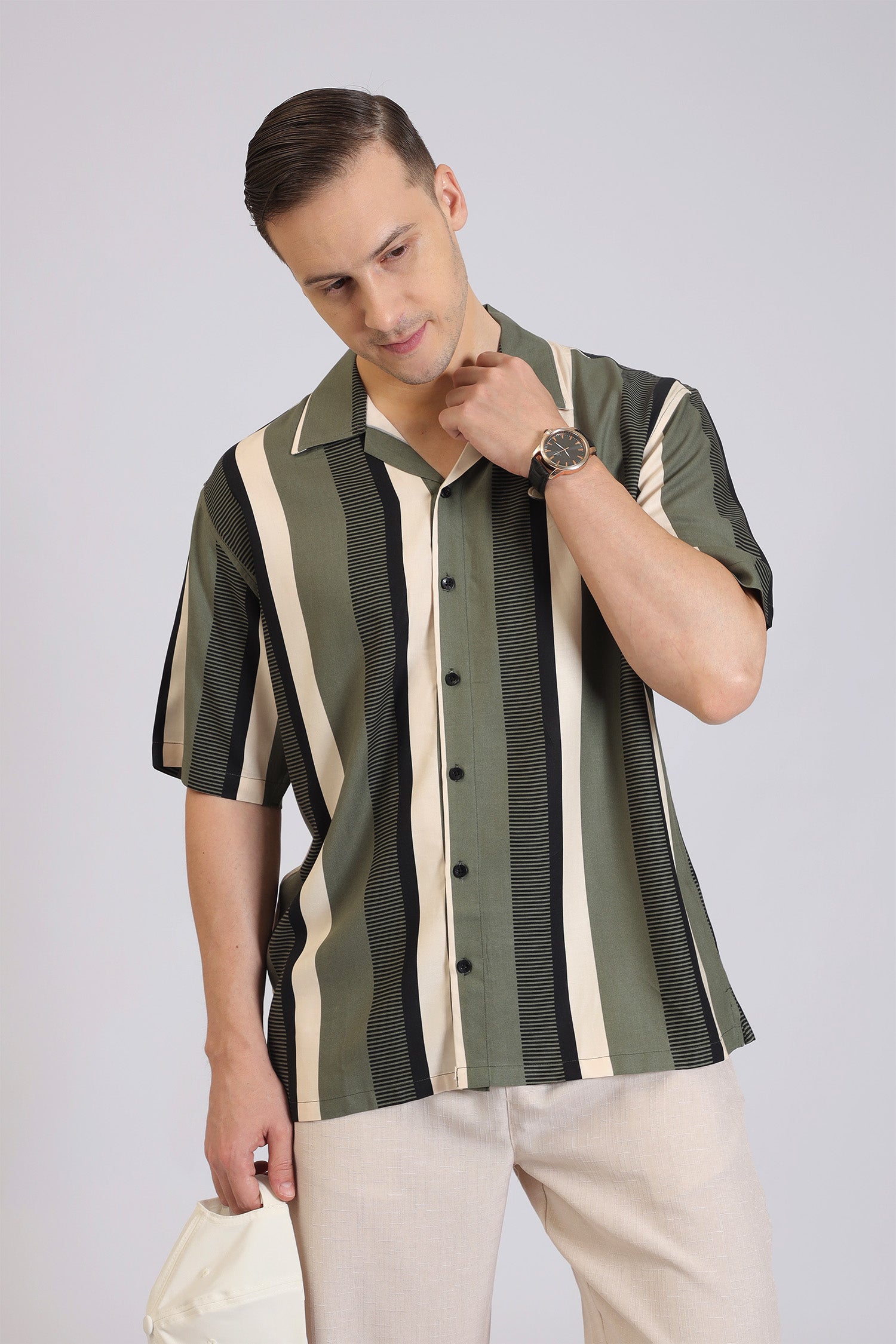 Men’s Vertical Stripe Shirt – Casual Olive Green & Black Printed Button-Down