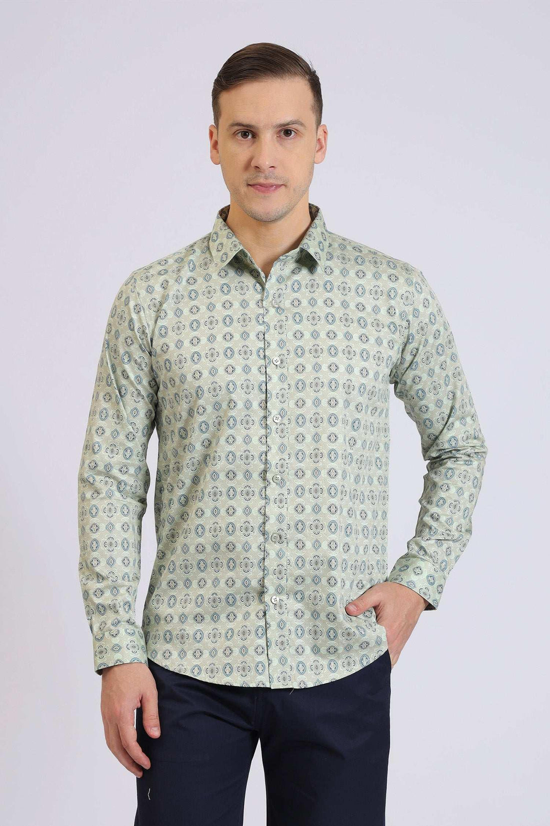Men’s Light Green Printed Casual Shirt Full Sleeve Cotton Shirt for Daily & Office Wear