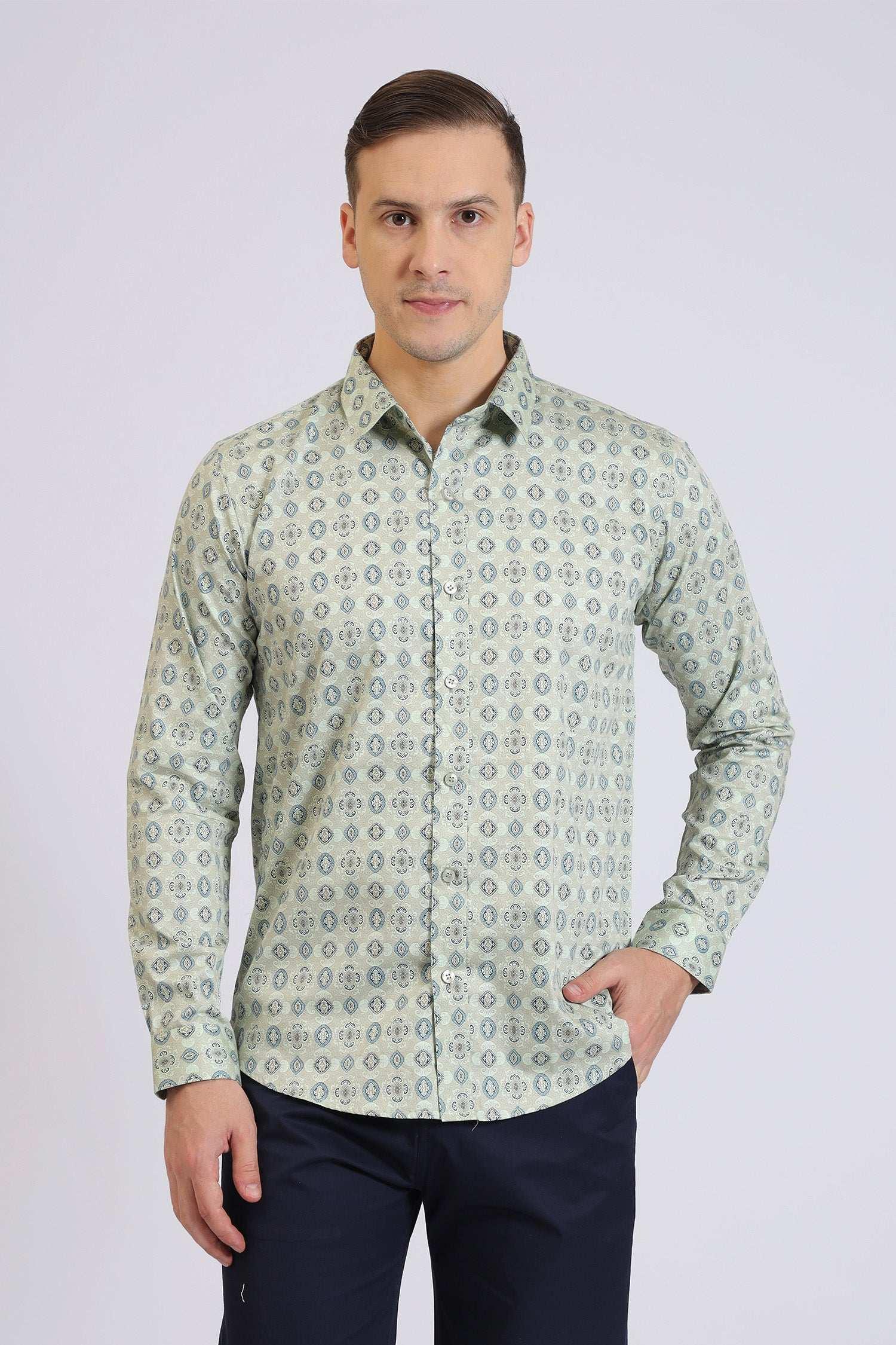 Men’s Light Green Printed Casual Shirt Full Sleeve Cotton Shirt for Daily & Office Wear