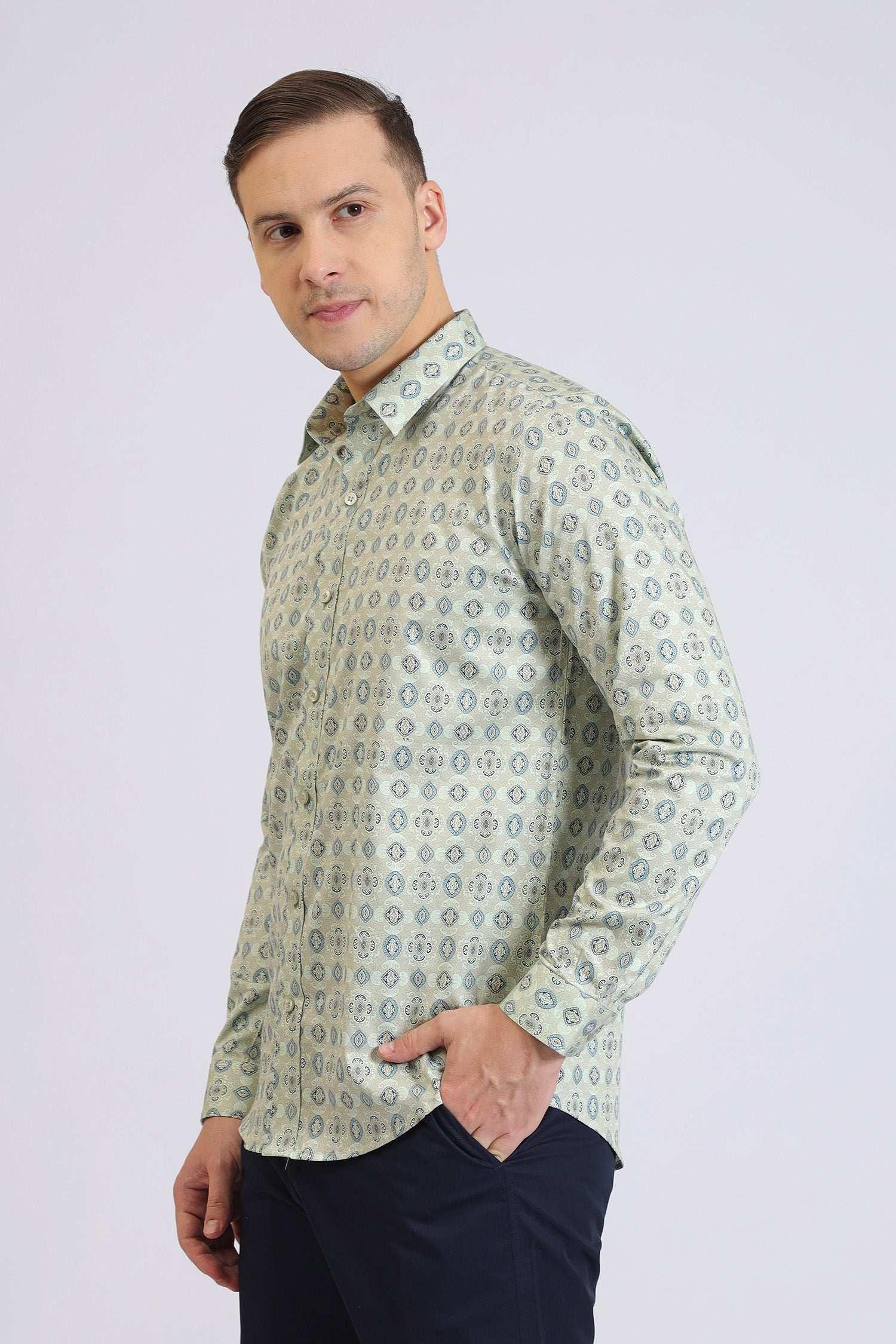 Men’s Light Green Printed Casual Shirt Full Sleeve Cotton Shirt for Daily & Office Wear