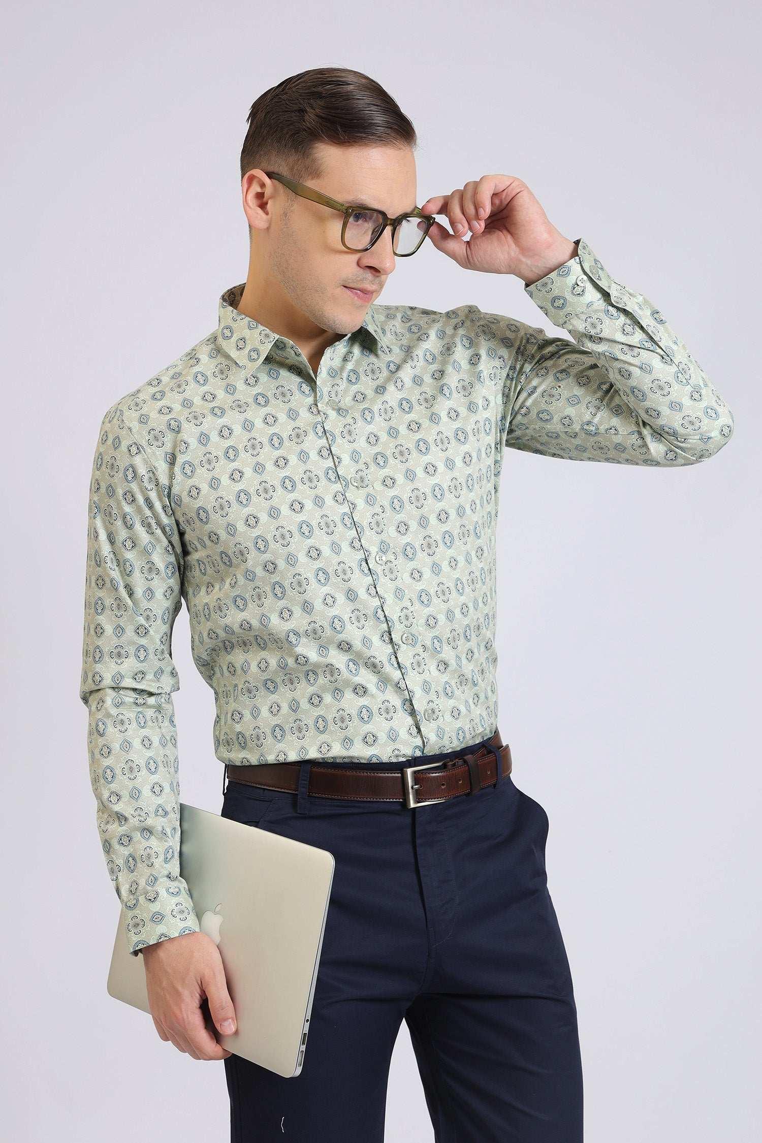 Men’s Light Green Printed Casual Shirt Full Sleeve Cotton Shirt for Daily & Office Wear