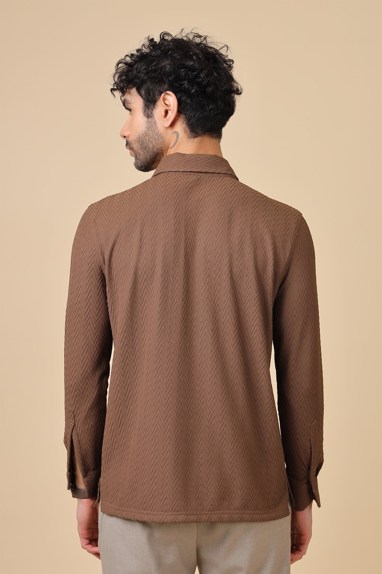 Brown Chevron-Texture Half-Zip Collar Shirt