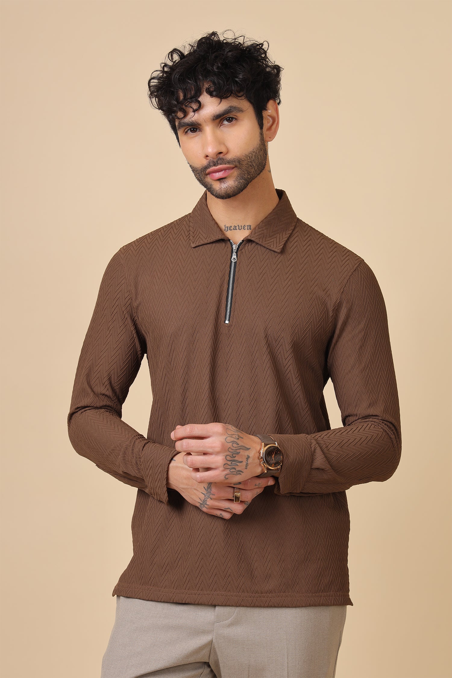 Brown Chevron-Texture Half-Zip Collar Shirt
