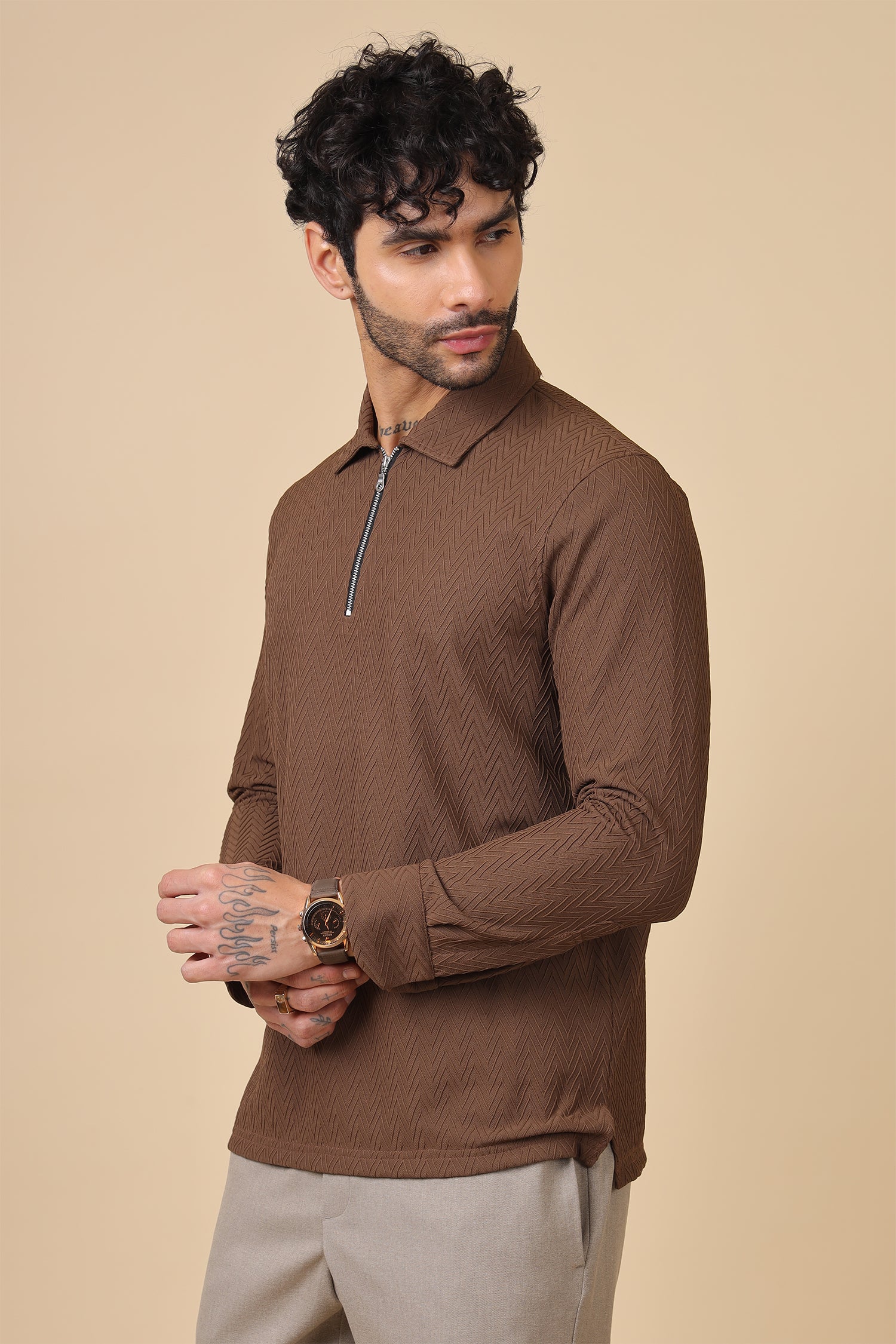 Brown Chevron-Texture Half-Zip Collar Shirt